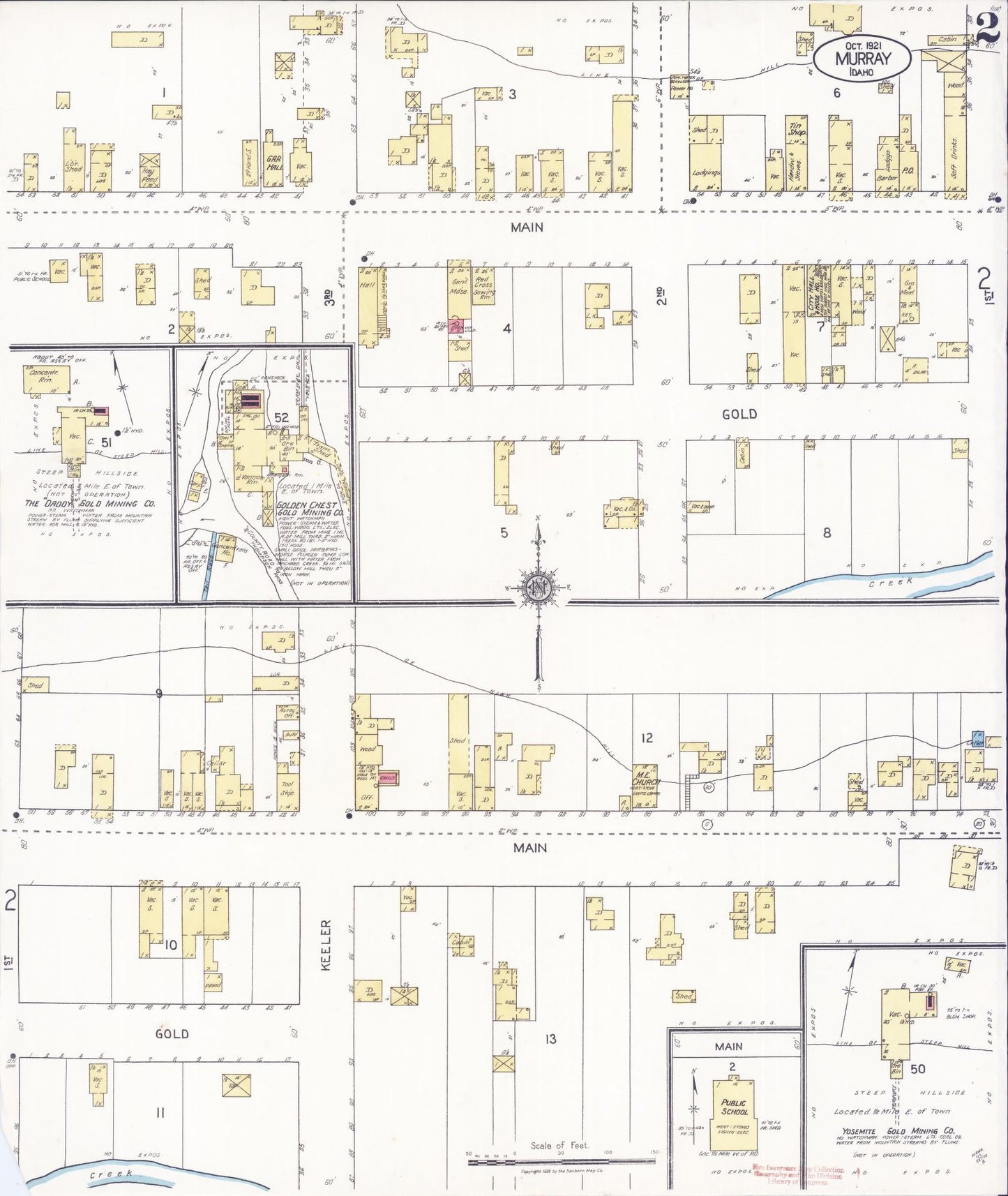 Sanborn Fire Insurance Map from Murray, Shoshone County, Idaho (1921), Sheet #0002 - Historic Sanborn Fire Insurance Map Print, vintage old map wall art, antique decor, genealogy gift, Idaho Idaho map
