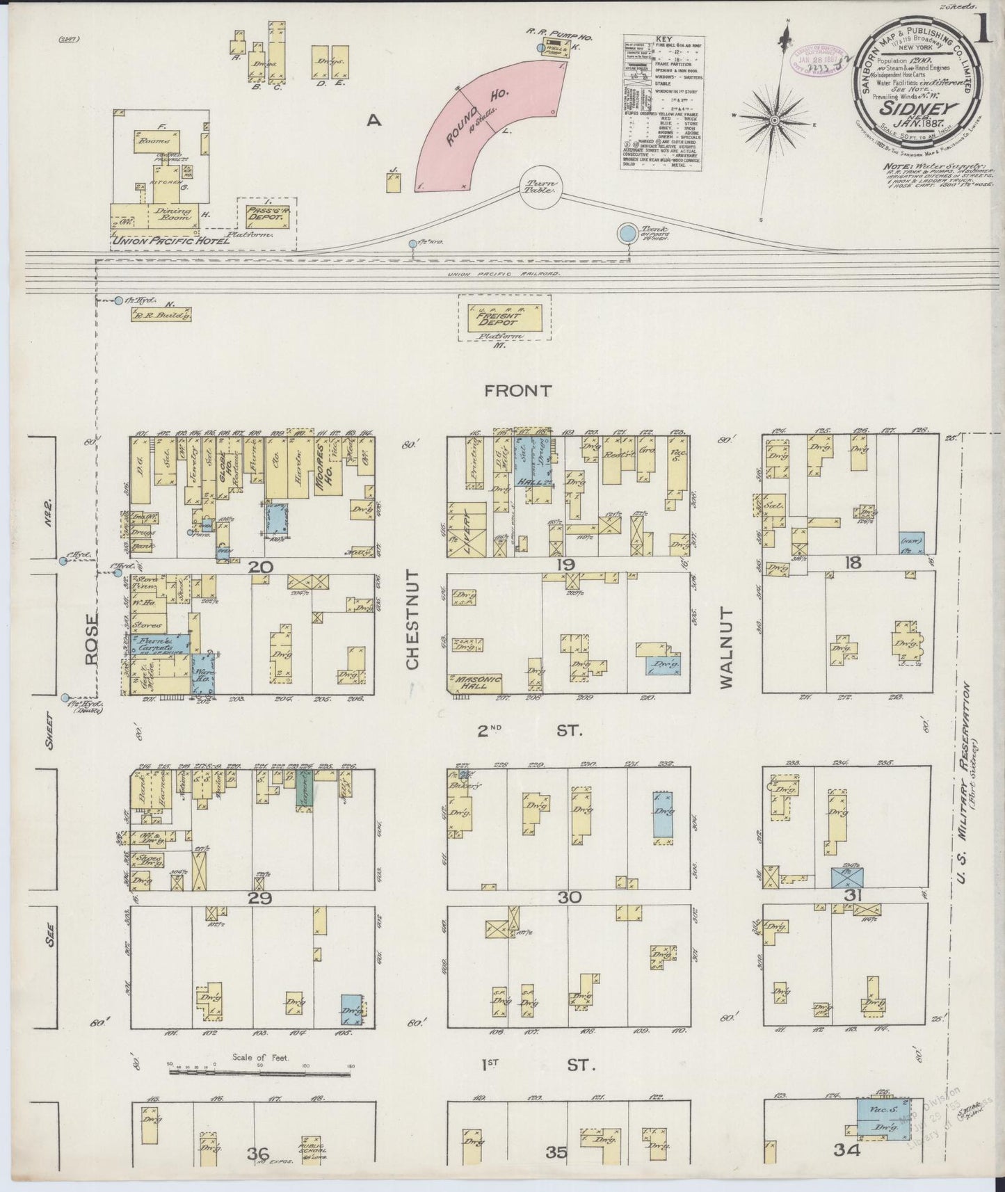 Sanborn Fire Insurance Map from Sidney, Cheyenne County, Nebraska (1887), Sheet #0001 - Historic Sanborn Fire Insurance Map Print, vintage old map wall art, antique decor, genealogy gift, Nebraska Nebraska map