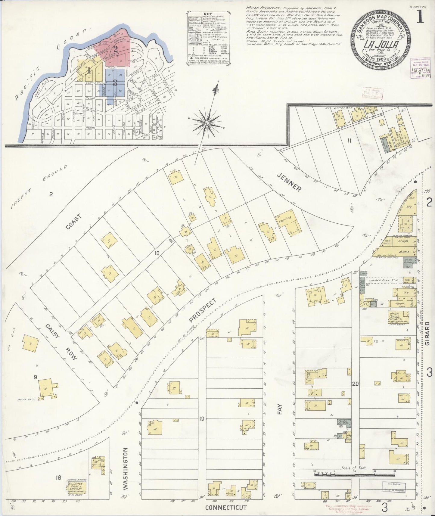 Sanborn Fire Insurance Map from La Jolla, San Diego County, California (1909), Sheet #0001 - Historic Sanborn Fire Insurance Map Print, vintage old map wall art, antique decor, genealogy gift, California California map