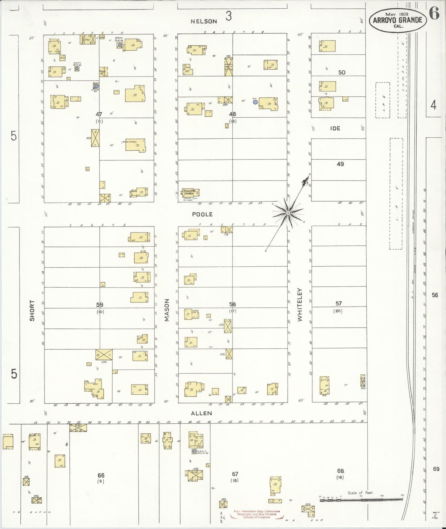 Sanborn Fire Insurance Map from Arroyo Grande, San Luis Obispo County, California (1909), Sheet #0006 - Historic Sanborn Fire Insurance Map Print, vintage old map wall art, antique decor, genealogy gift, California California map