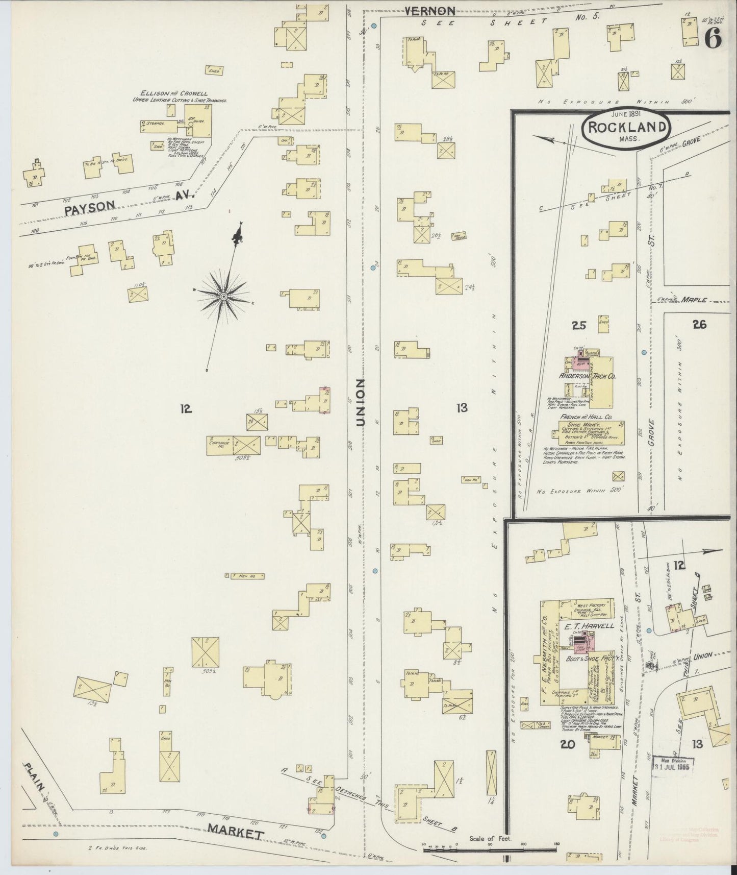 Sanborn Fire Insurance Map from Rockland, Plymouth County, Massachusetts (1891), Sheet #0006 - Historic Sanborn Fire Insurance Map Print, vintage old map wall art, antique decor, genealogy gift, Massachusetts Massachusetts map