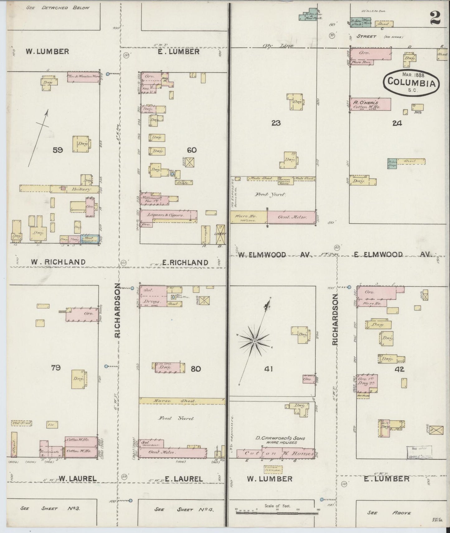 Sanborn Fire Insurance Map from Columbia, Richland County, South Carolina (1888), Sheet #0002 - Historic Sanborn Fire Insurance Map Print, vintage old map wall art, antique decor, genealogy gift, South Carolina South Carolina map
