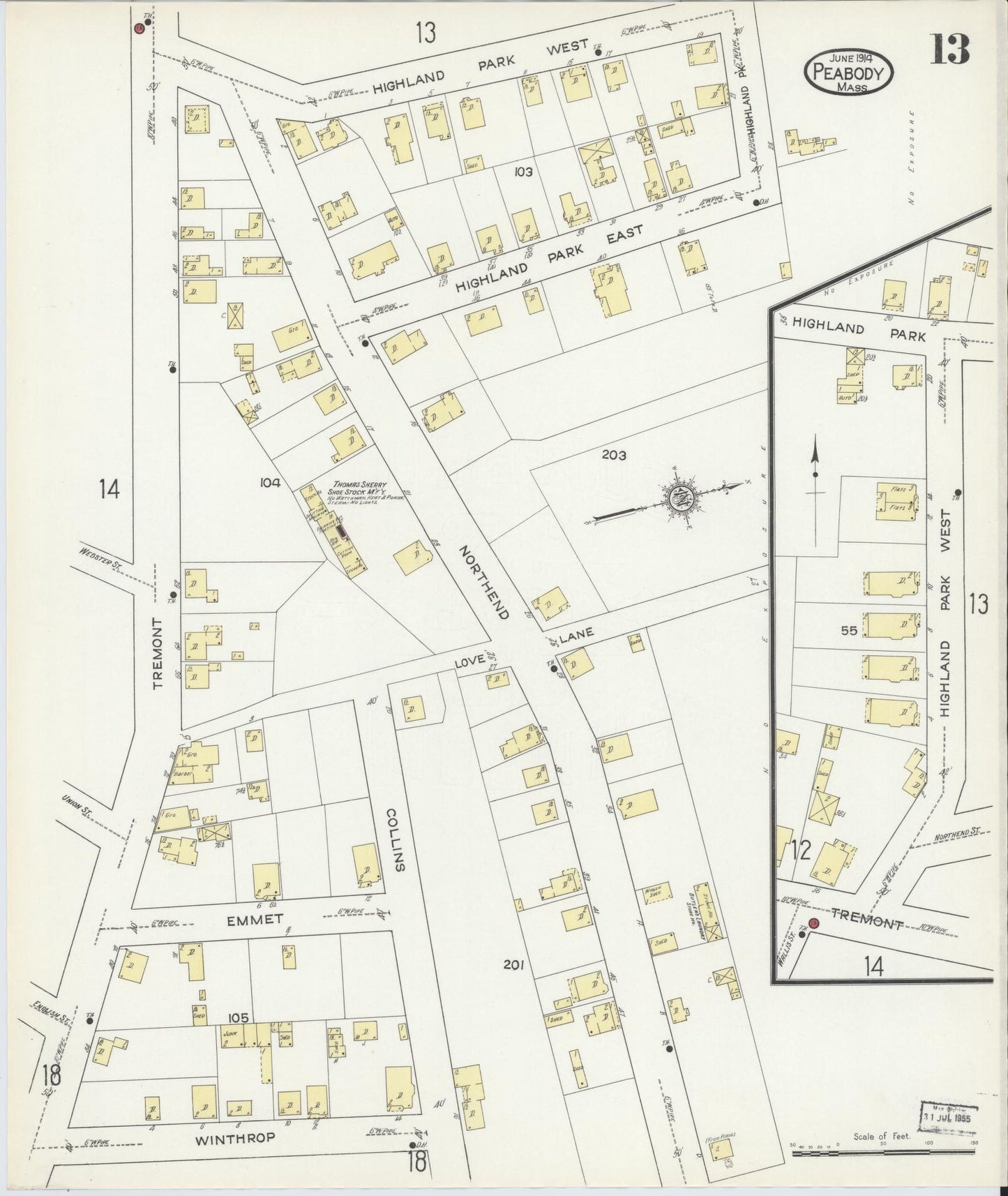 Sanborn Fire Insurance Map from Peabody, Essex County, Massachusetts (1914), Sheet #0013 - Historic Sanborn Fire Insurance Map Print, vintage old map wall art, antique decor, genealogy gift, Massachusetts Massachusetts map