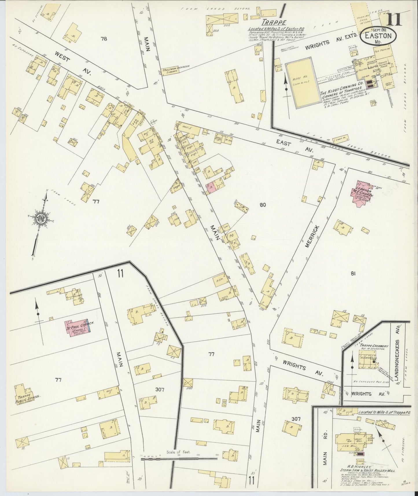 Talbot, Maryland - 1912 - Sanborn Fire Insurance Map, Sheet #0011 - Historic Sanborn Fire Insurance Map Print, Talbot Maryland 1912 0011 vintage old map wall art