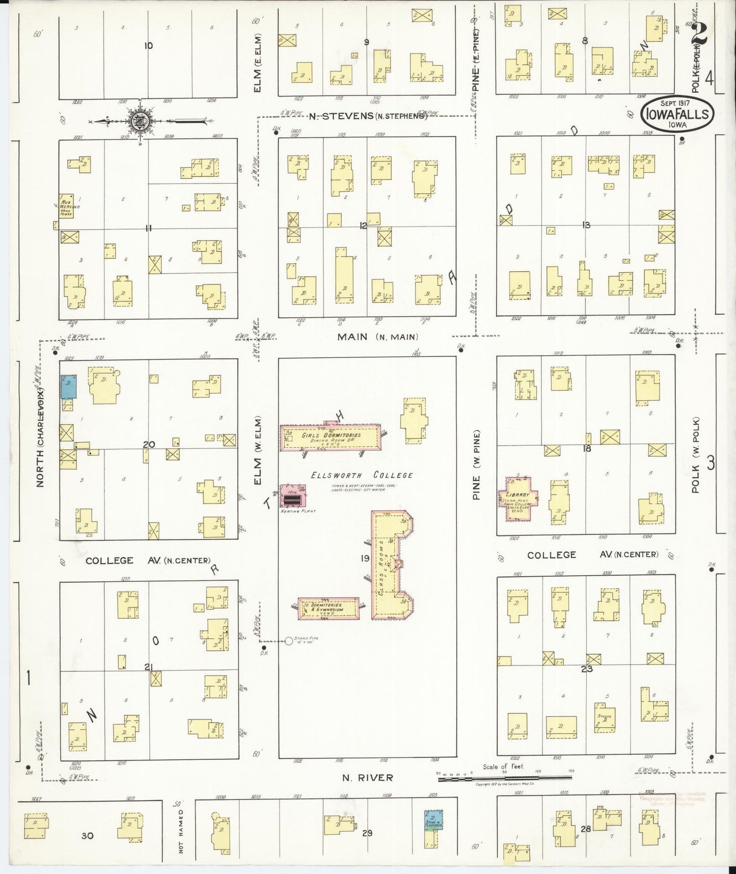 Sanborn Fire Insurance Map from Iowa Falls, Hardin County, Iowa (1917), Sheet #0002 - Historic Sanborn Fire Insurance Map Print, vintage old map wall art