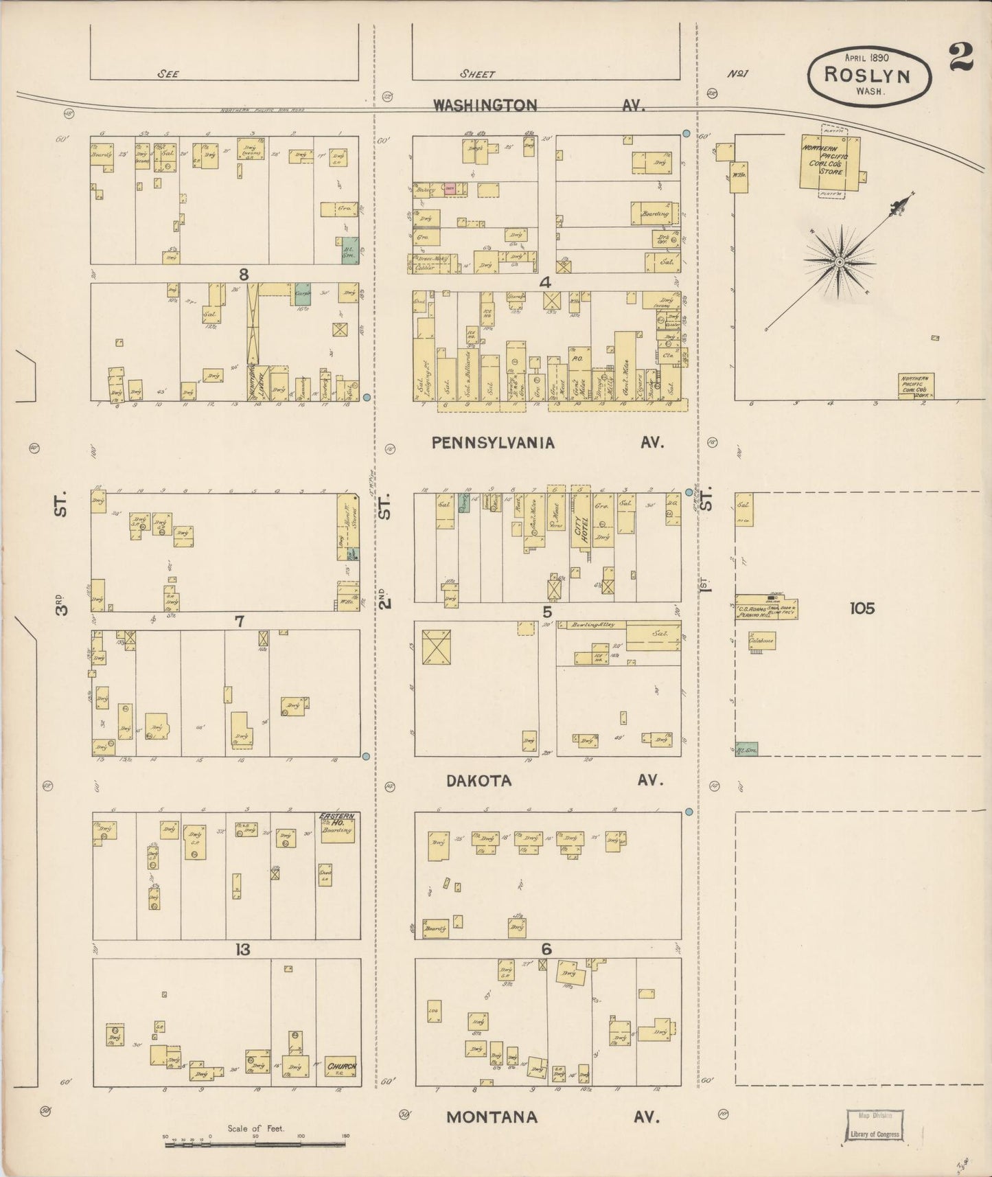 Sanborn Fire Insurance Map from Roslyn, Kittitas County, Washington (1890), Sheet #0002 - Complete Map Set gallery image, historic Sanborn map, vintage wall art, Washington Washington