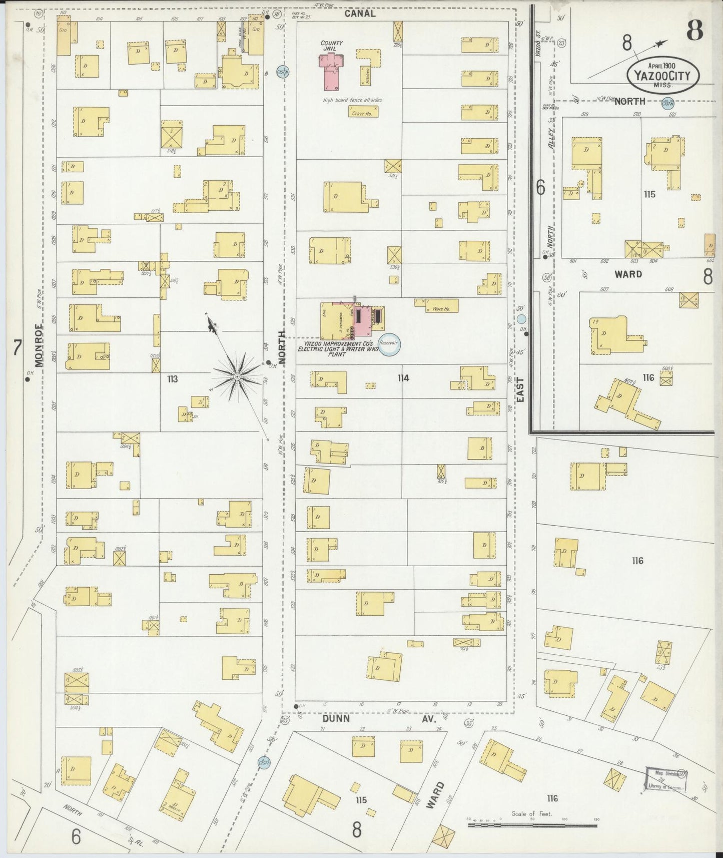 Sanborn Fire Insurance Map from Yazoo City, Yazoo County, Mississippi (1900), Sheet #0008 - Historic Sanborn Fire Insurance Map Print, vintage old map wall art, antique decor, genealogy gift, Mississippi Mississippi map