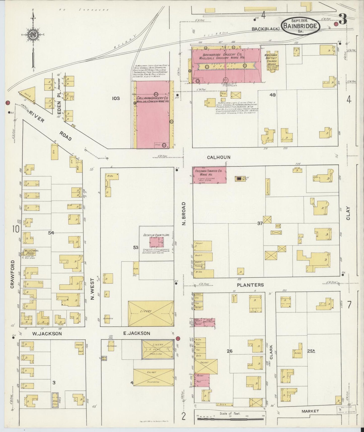 Sanborn Fire Insurance Map from Bainbridge, Decatur County, Georgia (1916), Sheet #0003 - Historic Sanborn Fire Insurance Map Print, vintage old map wall art, antique decor, genealogy gift, Georgia Georgia map