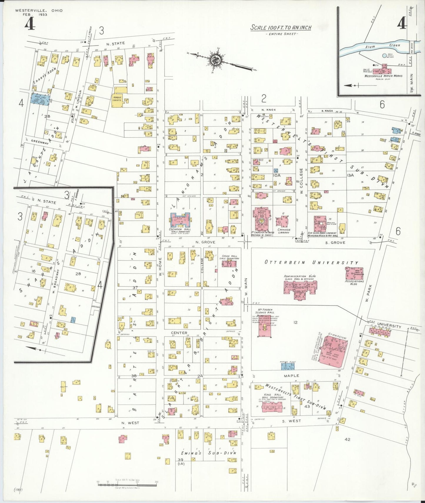 Sanborn Fire Insurance Map from Westerville, Franklin County, Ohio (1933), Sheet #0004 - Historic Sanborn Fire Insurance Map Print, vintage old map wall art, antique decor, genealogy gift, Ohio Ohio map