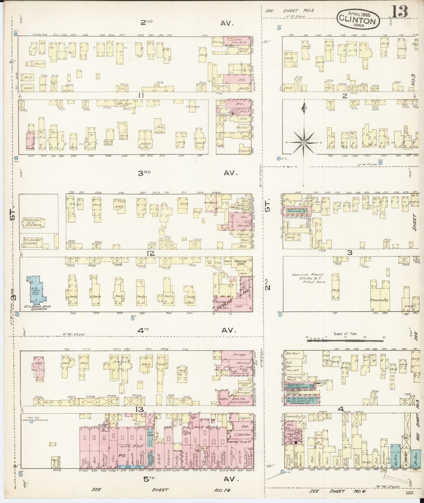 Sanborn Fire Insurance Map from Clinton, Clinton County, Iowa (1885), Sheet #0013 - Historic Sanborn Fire Insurance Map Print, vintage old map wall art