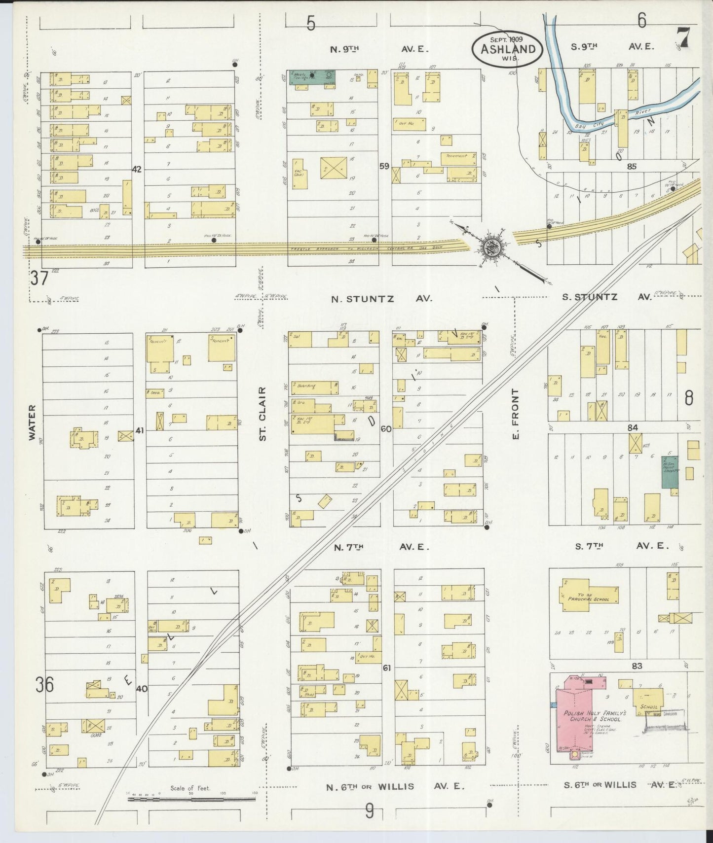 Sanborn Fire Insurance Map from Ashland, Ashland County, Wisconsin (1909), Sheet #0007 - Historic Sanborn Fire Insurance Map Print, vintage old map wall art, antique decor, genealogy gift, Wisconsin Wisconsin map