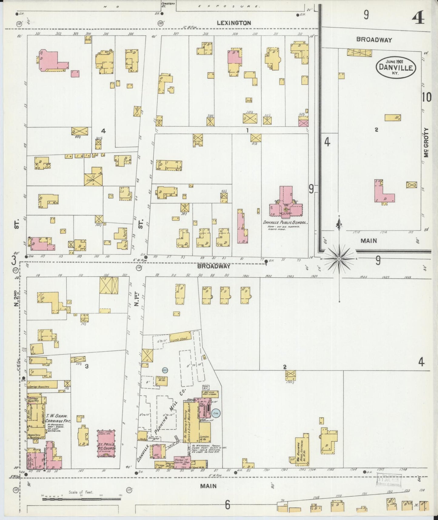 Sanborn Fire Insurance Map from Danville, Boyle County, Kentucky (1901), Sheet #0004 - Historic Sanborn Fire Insurance Map Print, vintage old map wall art, antique decor, genealogy gift, Kentucky Kentucky map