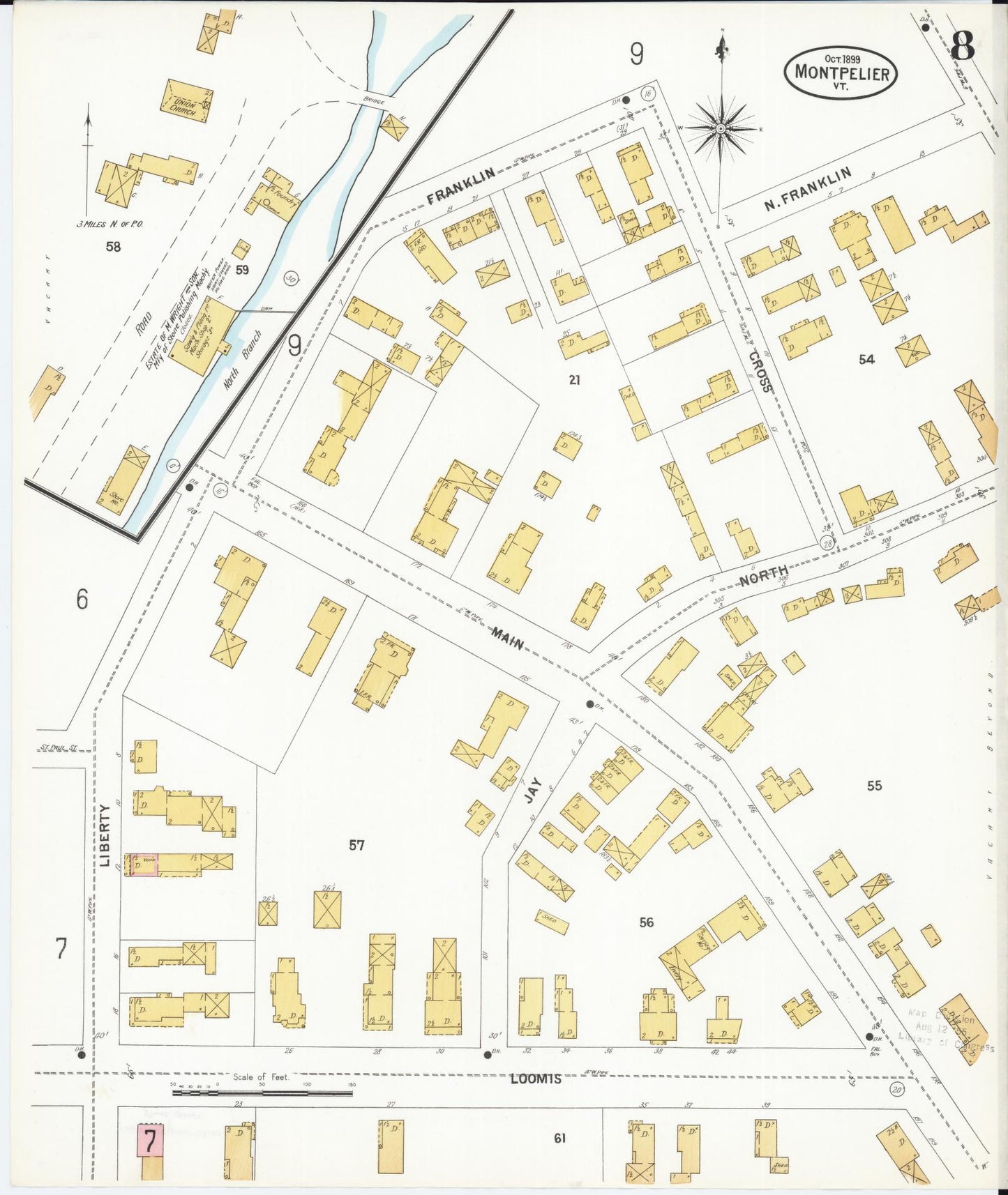 Sanborn Fire Insurance Map from Montpelier, Washington County, Vermont (1899), Sheet #0008 - Historic Sanborn Fire Insurance Map Print, vintage old map wall art, antique decor, genealogy gift, Vermont Vermont map
