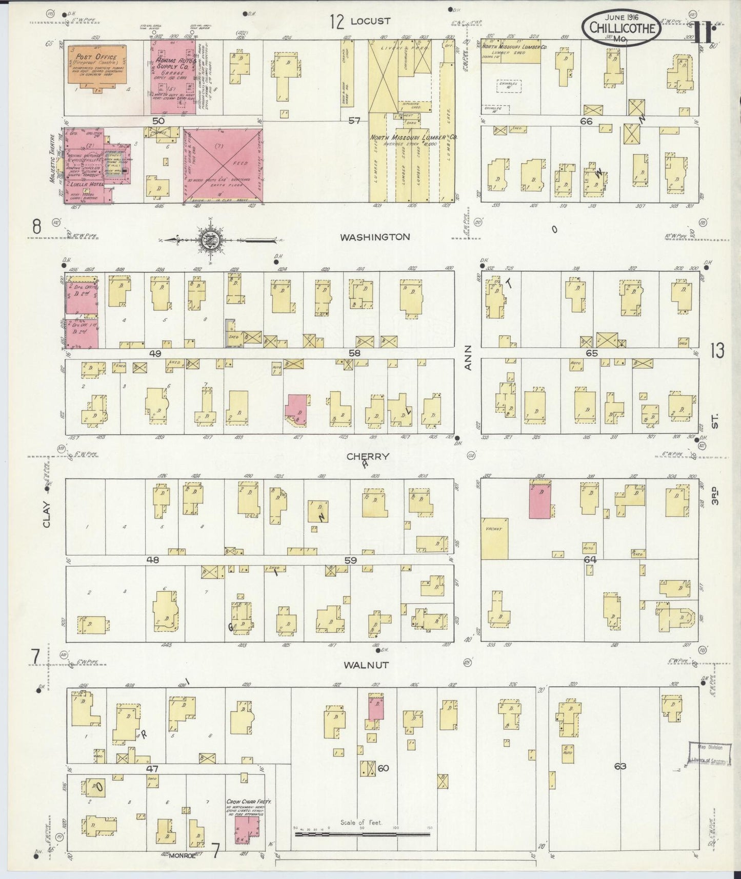 Sanborn Fire Insurance Map from Chillicothe, Livingston County, Missouri (1916), Sheet #0011 - Historic Sanborn Fire Insurance Map Print, vintage old map wall art, antique decor, genealogy gift, Missouri Missouri map