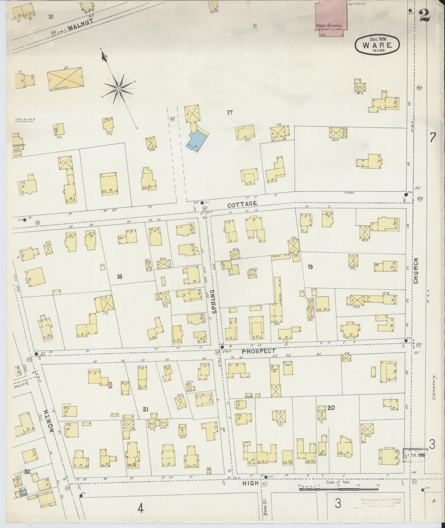 Sanborn Fire Insurance Map from Ware, Hampshire County, Massachusetts (1896), Sheet #0002 - Historic Sanborn Fire Insurance Map Print, vintage old map wall art, antique decor, genealogy gift, Massachusetts Massachusetts map