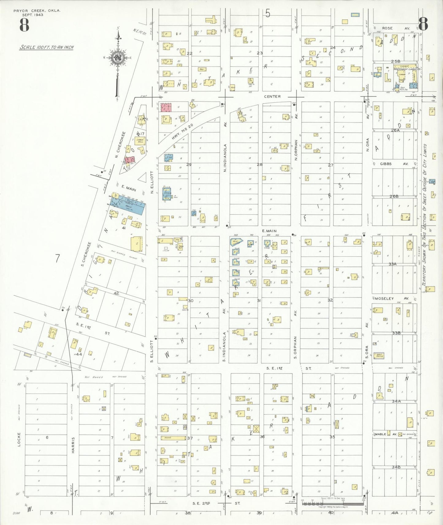 Sanborn Fire Insurance Map from Pryor Creek, Mayes County, Oklahoma (1943), Sheet #0008 - Historic Sanborn Fire Insurance Map Print, vintage old map wall art, antique decor, genealogy gift, Oklahoma Oklahoma map