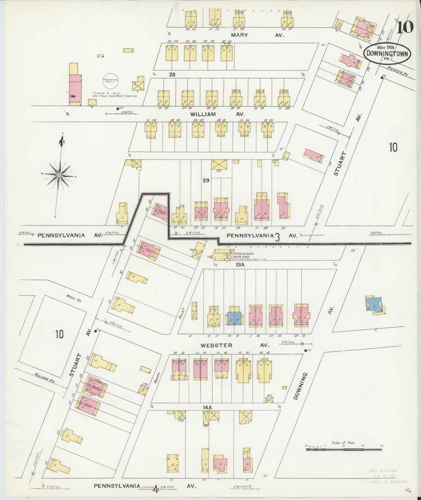 Sanborn Fire Insurance Map from Downingtown, Chester County, Pennsylvania (1909), Sheet #0010 - Historic Sanborn Fire Insurance Map Print, vintage old map wall art, antique decor, genealogy gift, Pennsylvania Pennsylvania map