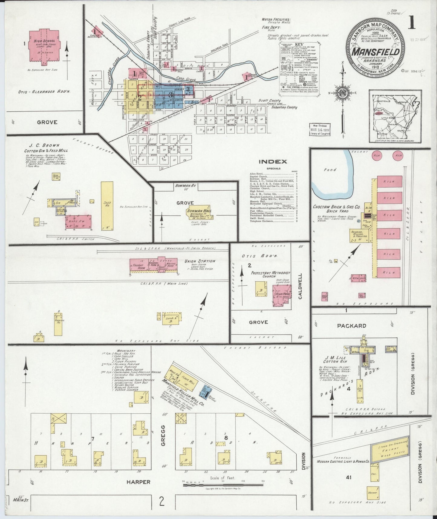 Sanborn Fire Insurance Map from Mansfield, Sebastian And Scott Counties, Arkansas (1919), Sheet #0001 - Historic Sanborn Fire Insurance Map Print, vintage old map wall art, antique decor, genealogy gift, Arkansas Arkansas map