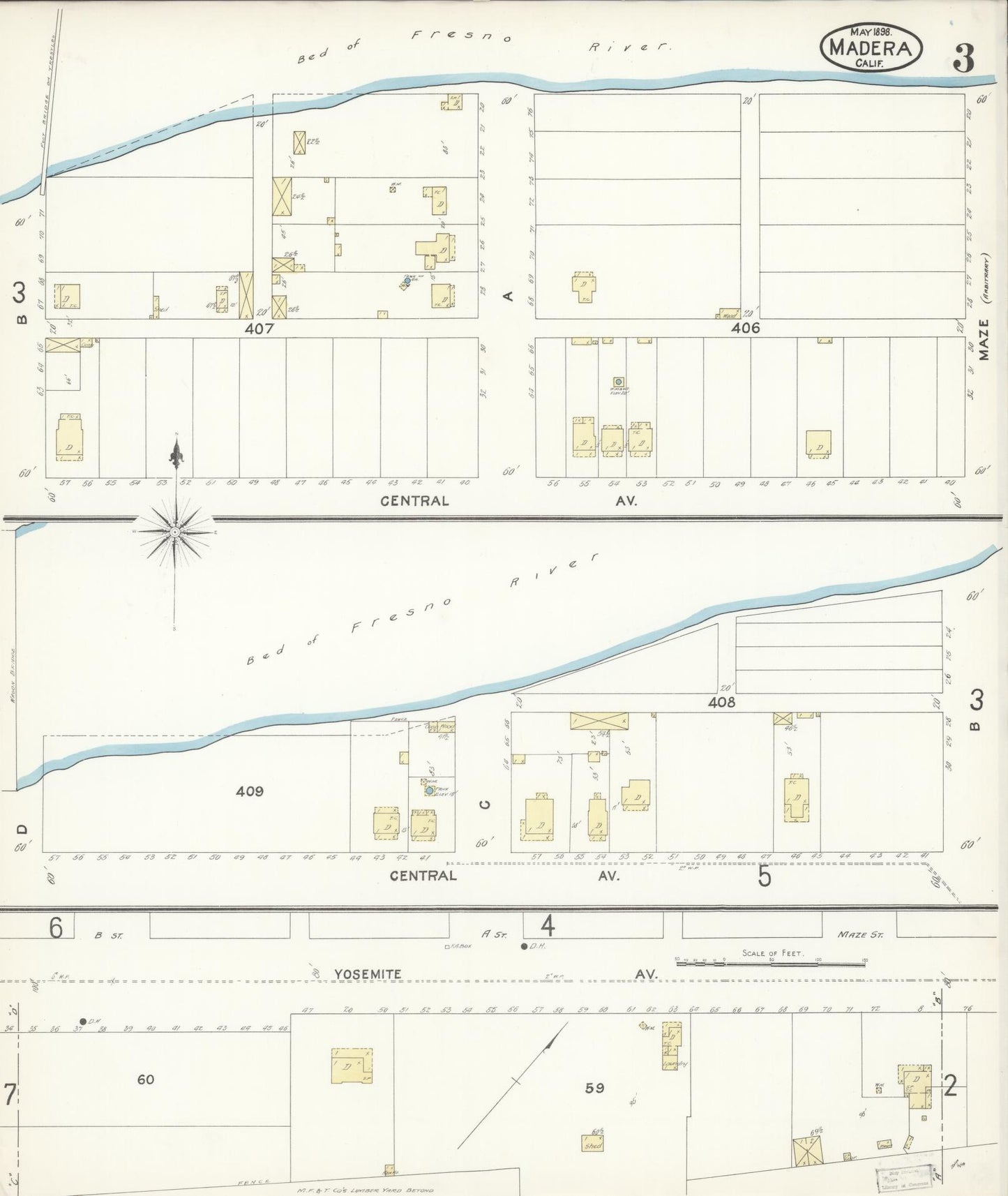 Sanborn Fire Insurance Map from Madera, Madera County, California (1898), Sheet #0003 - Historic Sanborn Fire Insurance Map Print, vintage old map wall art, antique decor, genealogy gift, California California map