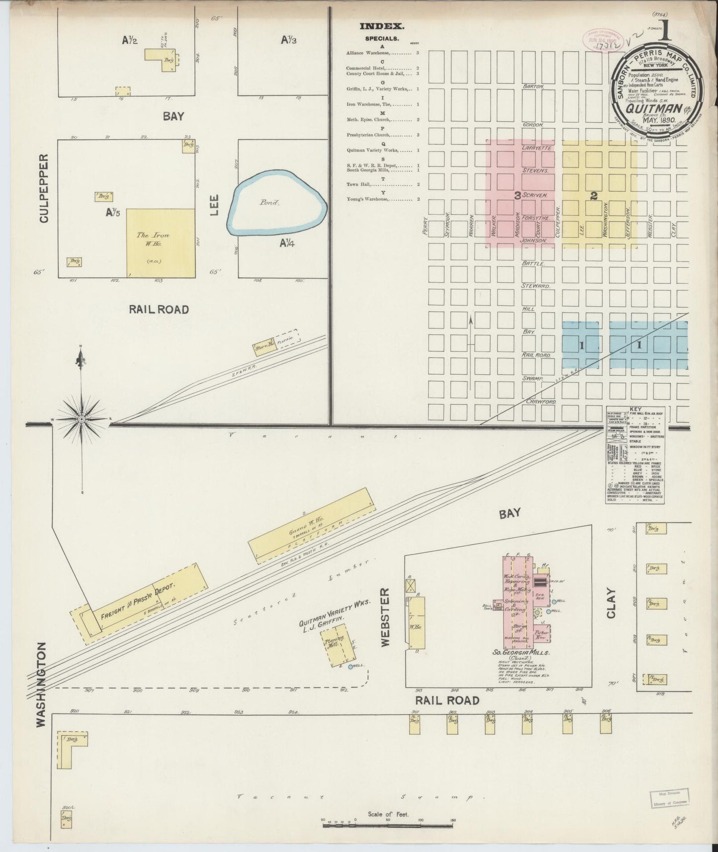 Sanborn Fire Insurance Map from Quitman, Brooks County, Georgia (1890), Sheet #0001 - Historic Sanborn Fire Insurance Map Print, vintage old map wall art, antique decor, genealogy gift, Georgia Georgia map
