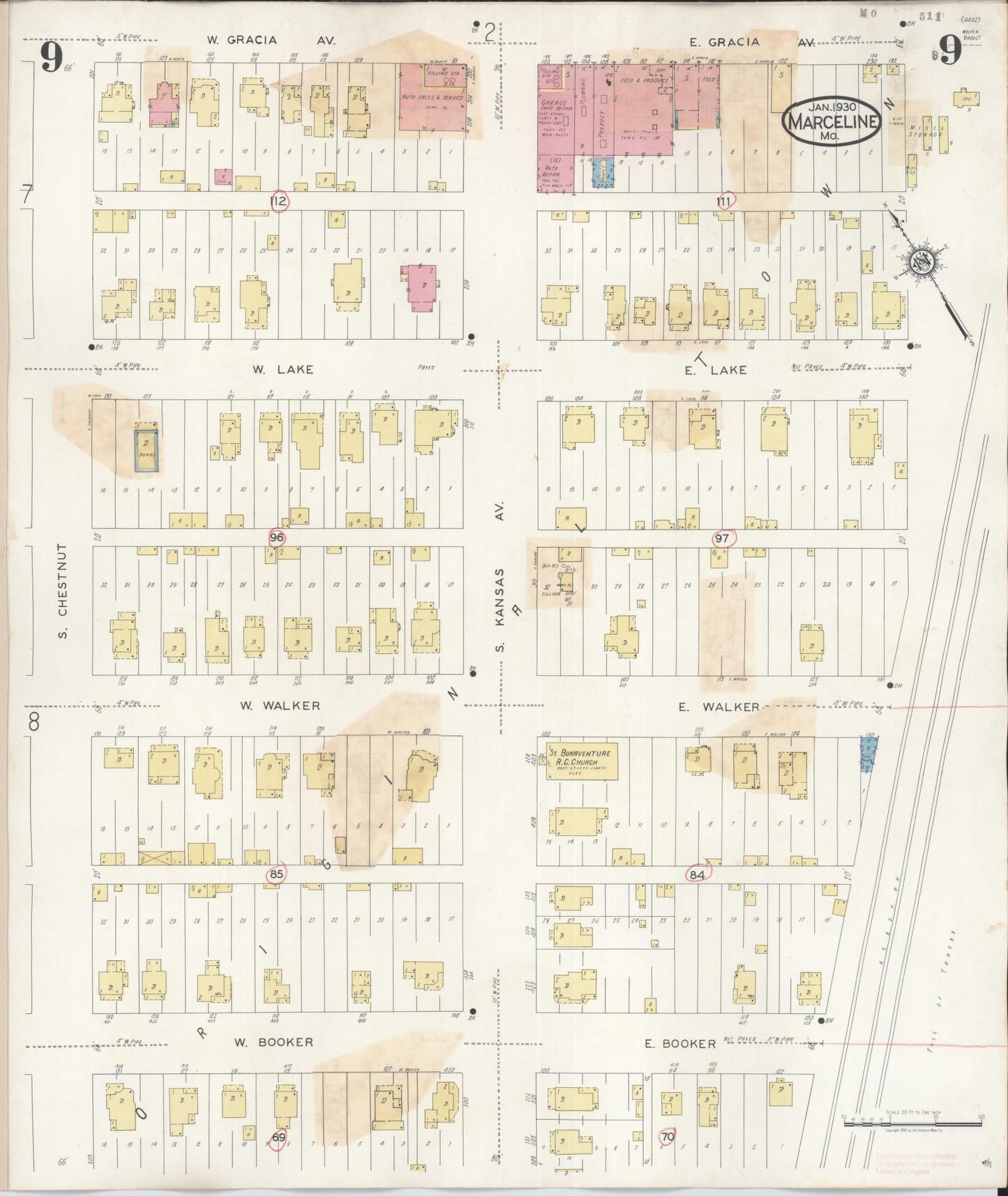 Sanborn Fire Insurance Map from Marceline, Linn County, Missouri (1939), Sheet #0009 - Historic Sanborn Fire Insurance Map Print, vintage old map wall art, antique decor, genealogy gift, Missouri Missouri map