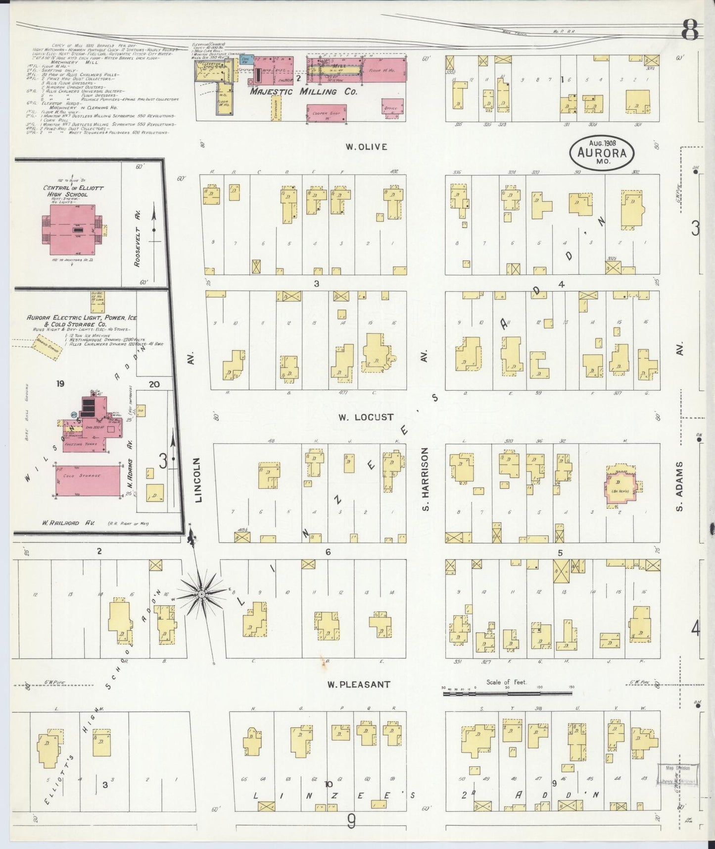 Sanborn Fire Insurance Map from Aurora, Lawrence County, Missouri (1908), Sheet #0008 - Historic Sanborn Fire Insurance Map Print, vintage old map wall art, antique decor, genealogy gift, Missouri Missouri map