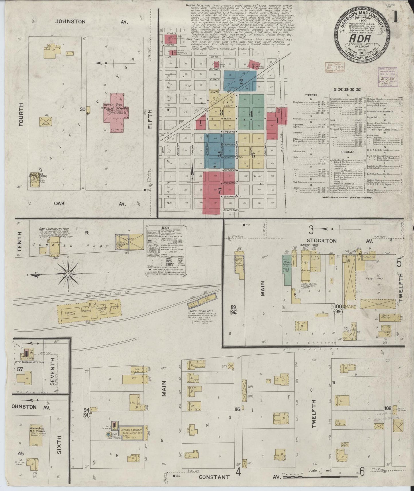 Sanborn Fire Insurance Map from Ada, Pontotoc County, Oklahoma (1908), Sheet #0001 - Historic Sanborn Fire Insurance Map Print, vintage old map wall art, antique decor, genealogy gift, Oklahoma Oklahoma map