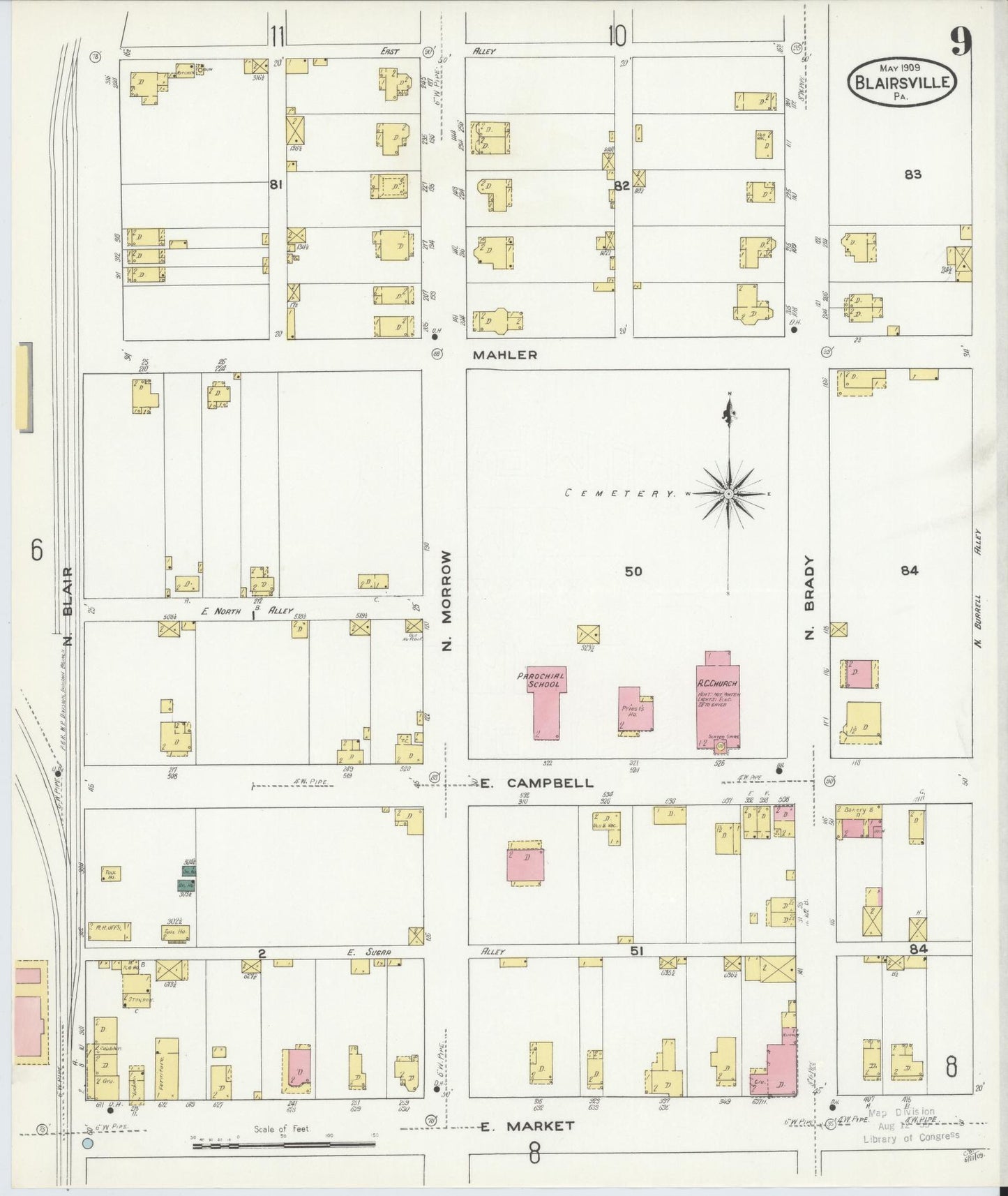 Sanborn Fire Insurance Map from Blairsville, Indiana County, Pennsylvania (1909), Sheet #0009 - Historic Sanborn Fire Insurance Map Print, vintage old map wall art, antique decor, genealogy gift, Pennsylvania Pennsylvania map