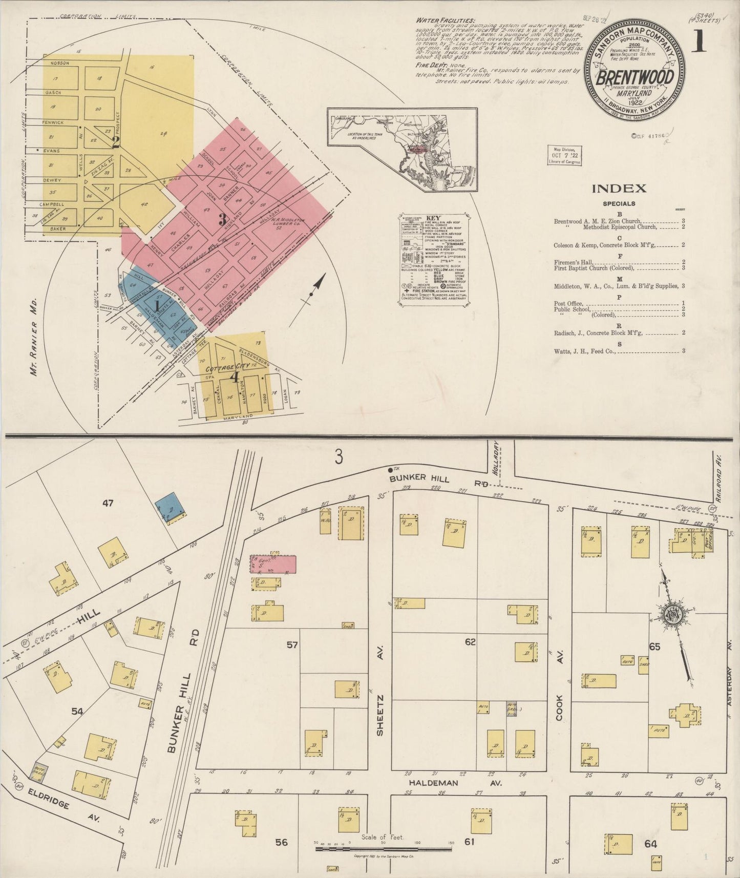 Sanborn Fire Insurance Map from Brentwood, Prince Georges County, Maryland (1922), Sheet #0001 - Historic Sanborn Fire Insurance Map Print, vintage old map wall art, antique decor, genealogy gift, Maryland Maryland map