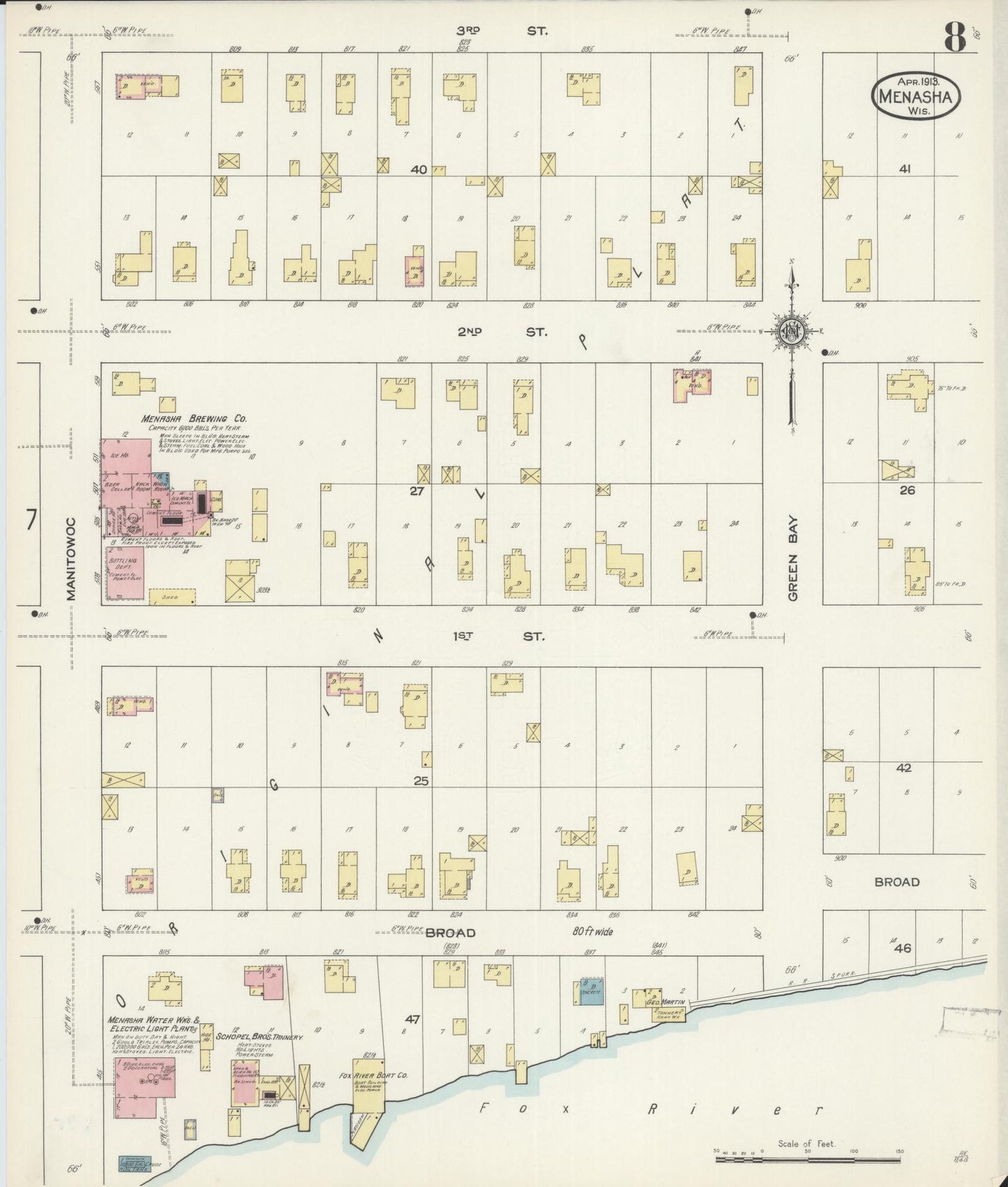 Sanborn Fire Insurance Map from Menasha, Winnebago County, Wisconsin (1913), Sheet #0008 - Historic Sanborn Fire Insurance Map Print, vintage old map wall art, antique decor, genealogy gift, Wisconsin Wisconsin map