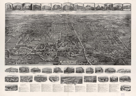 Aero view of Manchester, Connecticut 1914. (1914) – Historic Bird’s-Eye View Panorama Print