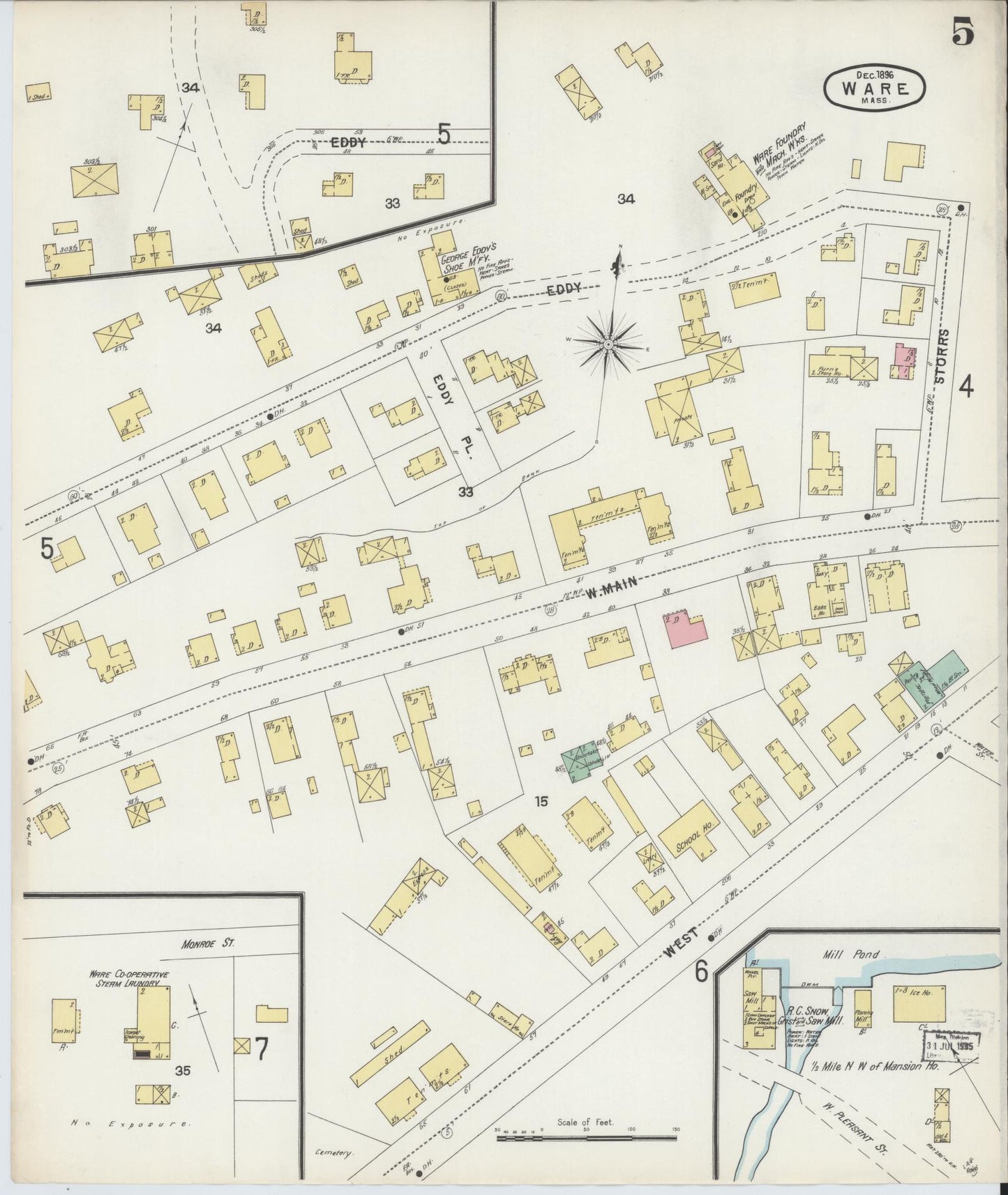 Sanborn Fire Insurance Map from Ware, Hampshire County, Massachusetts (1896), Sheet #0005 - Historic Sanborn Fire Insurance Map Print, vintage old map wall art, antique decor, genealogy gift, Massachusetts Massachusetts map