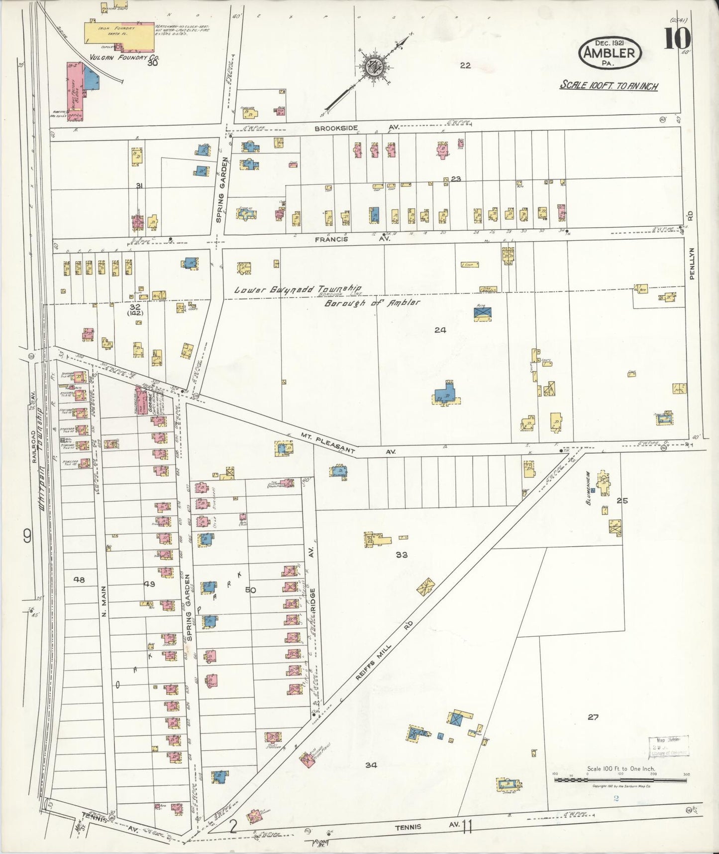 Sanborn Fire Insurance Map from Ambler, Montgomery County, Pennsylvania (1921), Sheet #0010 - Historic Sanborn Fire Insurance Map Print, vintage old map wall art, antique decor, genealogy gift, Pennsylvania Pennsylvania map