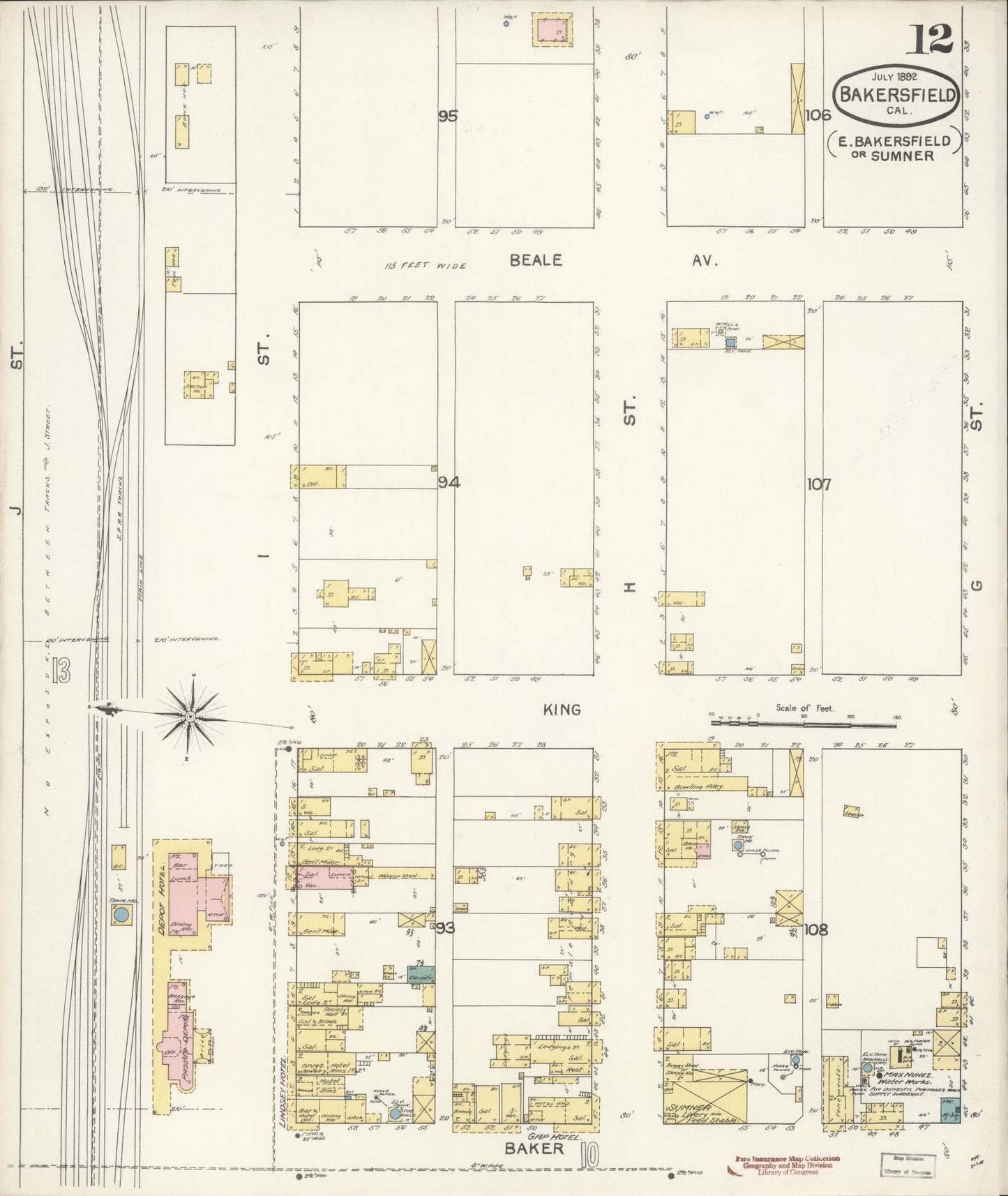 Sanborn Fire Insurance Map from Bakersfield, Kern County, California (1892), Sheet #0012 - Historic Sanborn Fire Insurance Map Print, vintage old map wall art, antique decor, genealogy gift, California California map