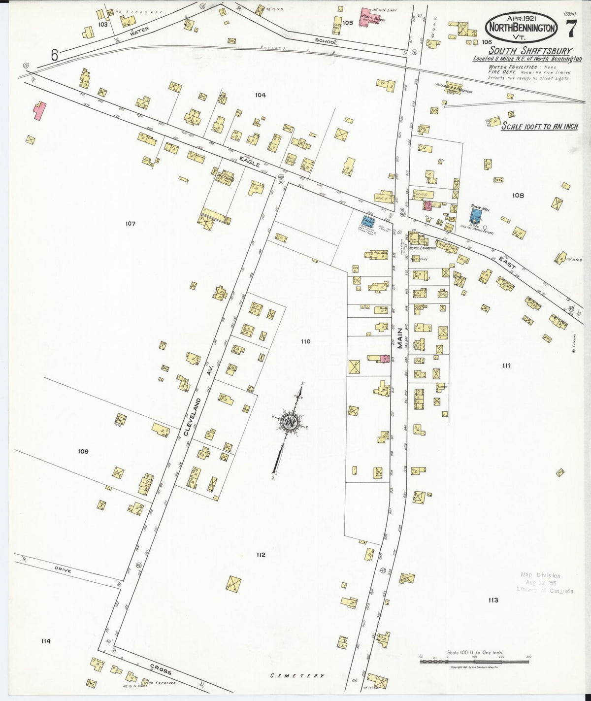 Sanborn Fire Insurance Map from North Bennington, Bennington County, Vermont (1921), Sheet #0007 - Historic Sanborn Fire Insurance Map Print, vintage old map wall art, antique decor, genealogy gift, Vermont Vermont map