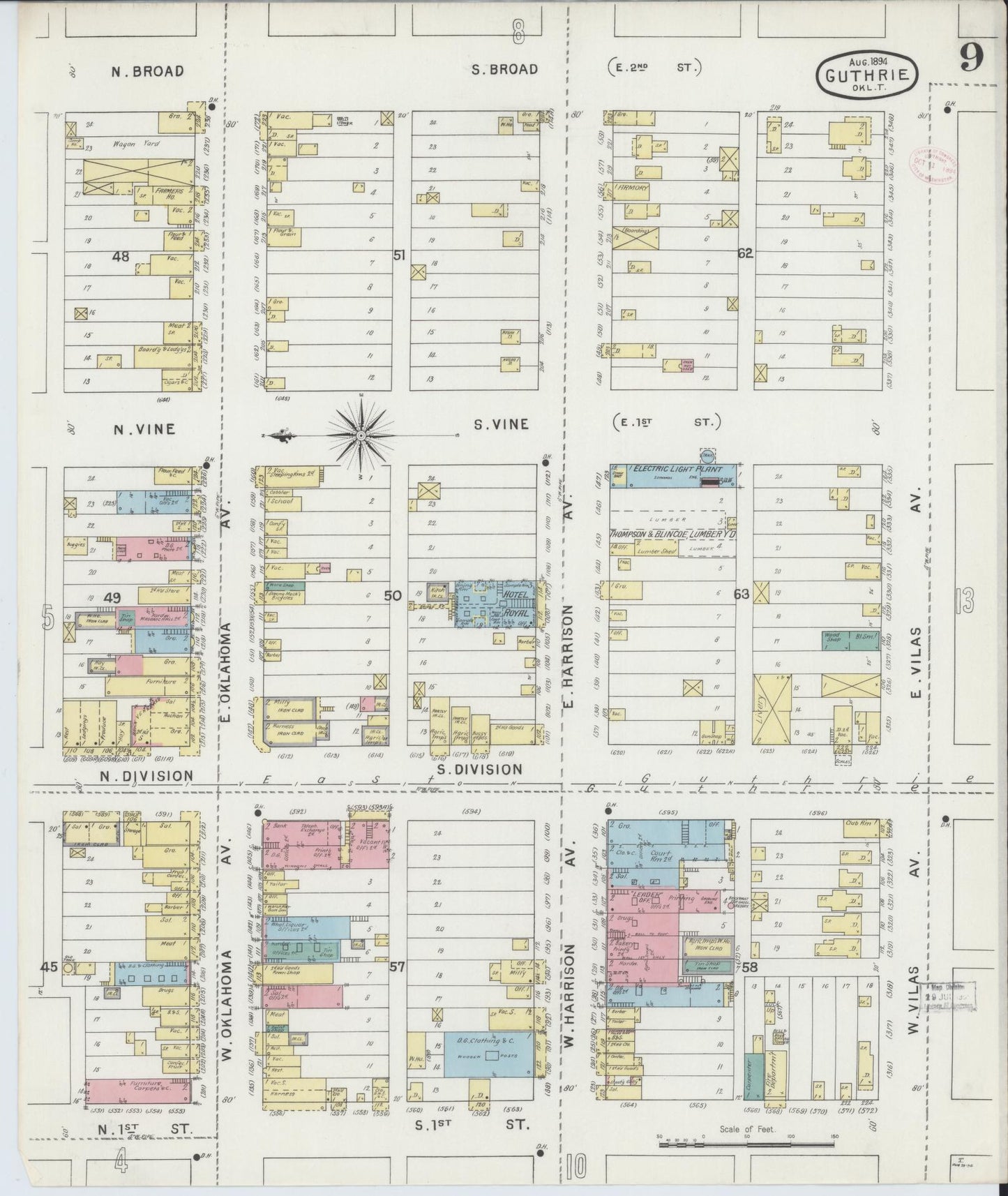 Sanborn Fire Insurance Map from Guthrie, Logan County, Oklahoma (1894), Sheet #0009 - Historic Sanborn Fire Insurance Map Print, vintage old map wall art, antique decor, genealogy gift, Oklahoma Oklahoma map