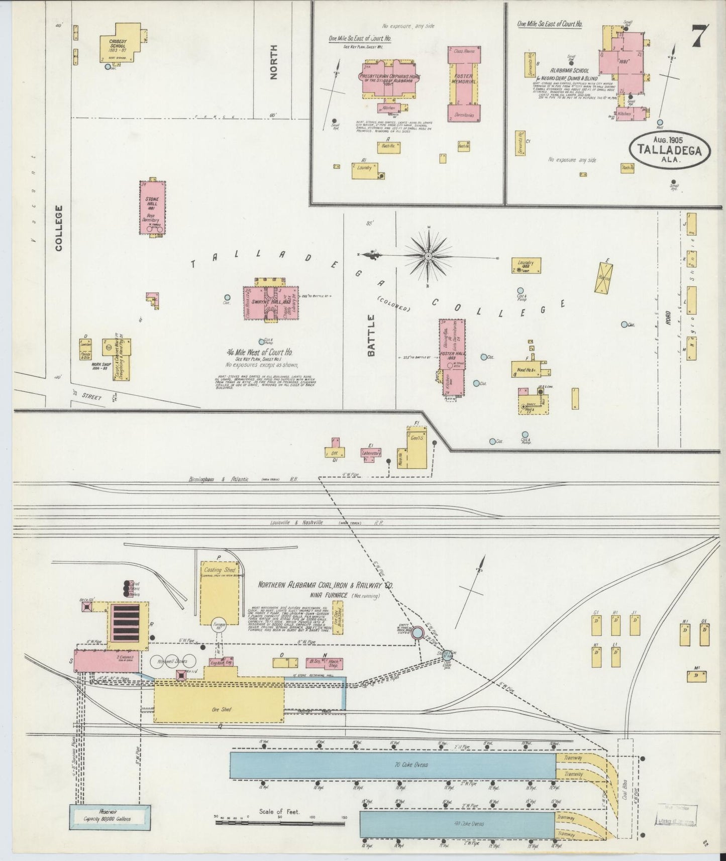Sanborn Fire Insurance Map from Talladega, Talladega County, Alabama (1905), Sheet #0007 - Historic Sanborn Fire Insurance Map Print, vintage old map wall art, antique decor, genealogy gift, Alabama Alabama map