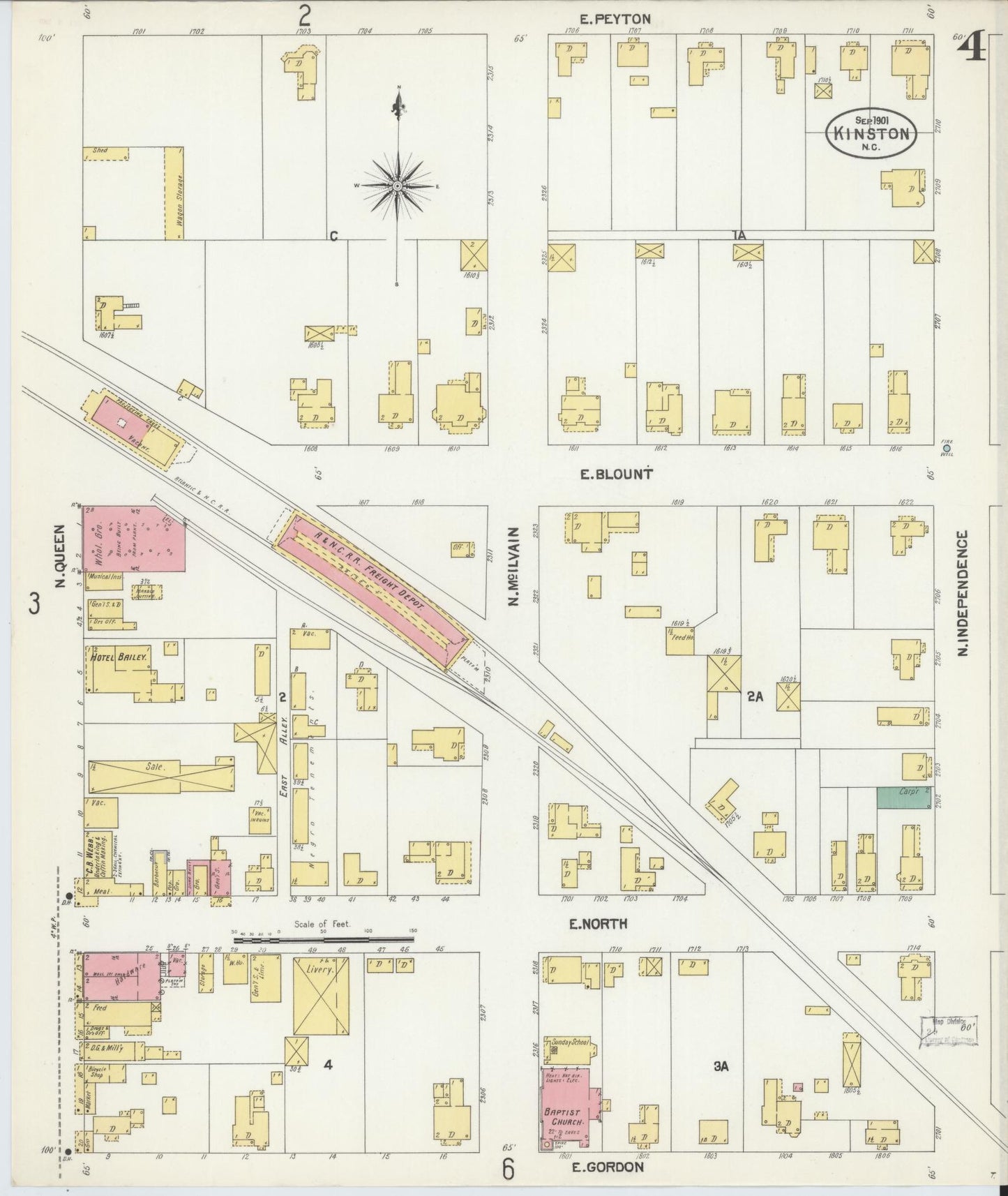 Sanborn Fire Insurance Map from Kinston, Lenoir County, North Carolina (1901), Sheet #0004 - Historic Sanborn Fire Insurance Map Print, vintage old map wall art, antique decor, genealogy gift, North Carolina North Carolina map