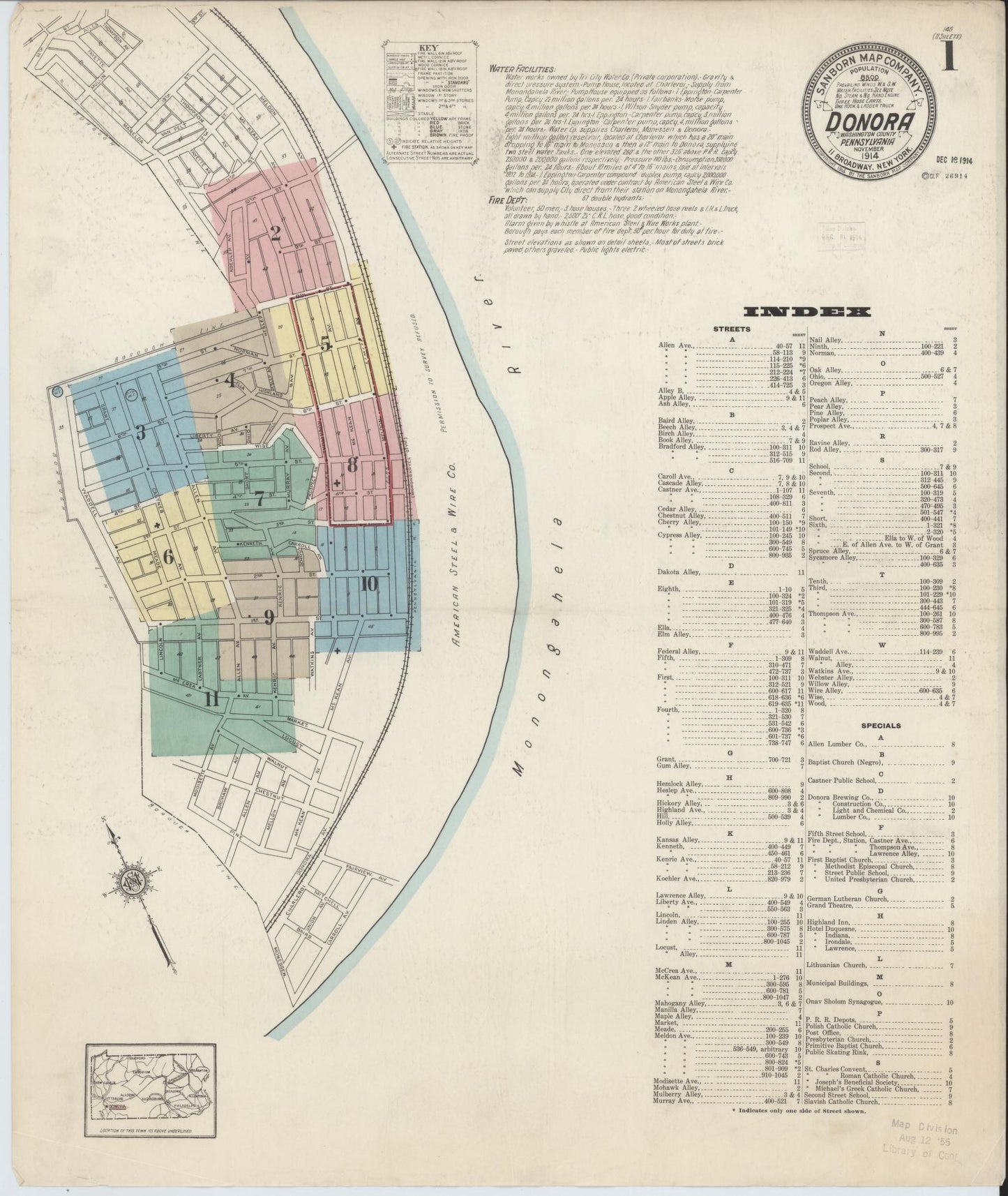 Sanborn Fire Insurance Map from Donora, Washington County, Pennsylvania (1914), Sheet #0001 - Historic Sanborn Fire Insurance Map Print, vintage old map wall art, antique decor, genealogy gift, Pennsylvania Pennsylvania map