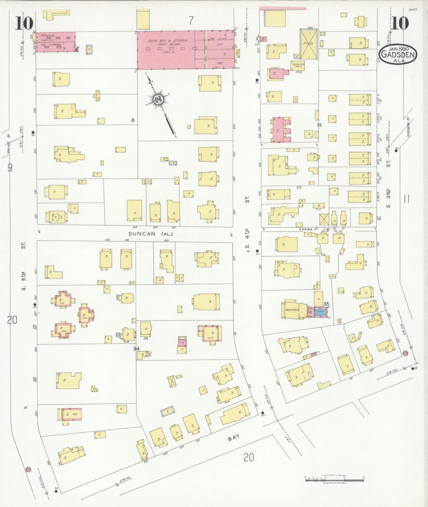 Sanborn Fire Insurance Map from Gadsden, Etowah County, Alabama (1930), Sheet #0010 - Historic Sanborn Fire Insurance Map Print, vintage old map wall art, antique decor, genealogy gift, Alabama Alabama map
