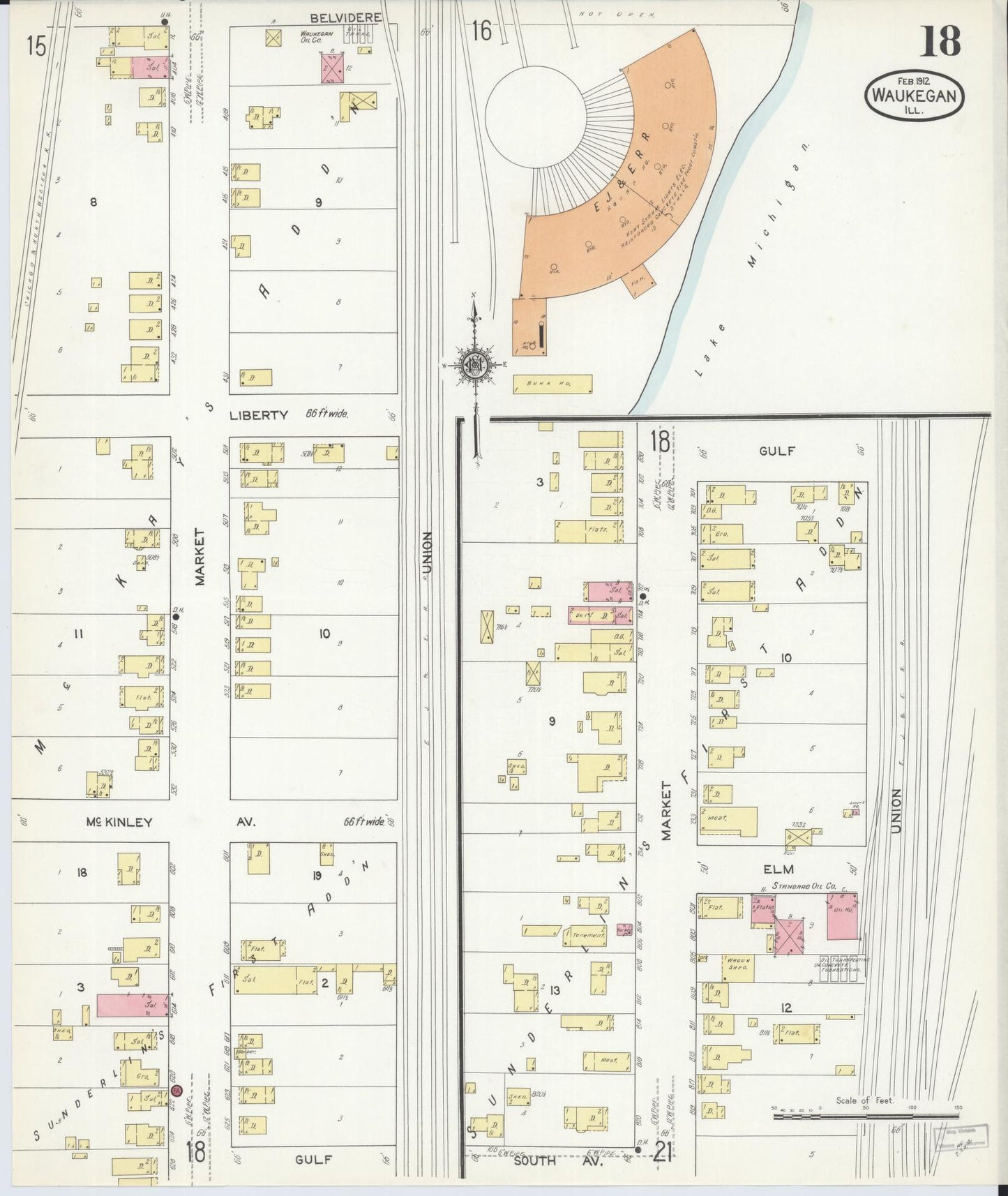 Sanborn Fire Insurance Map from Waukegan, Lake County, Illinois. (1912), Sheet 18 – Historic Sanborn Fire Insurance Map Print