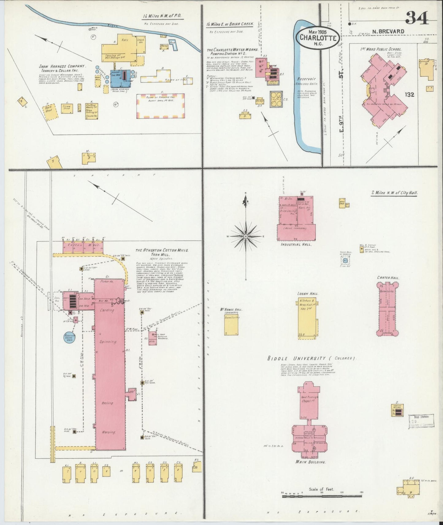 Sanborn Fire Insurance Map from Charlotte, Mecklenburg County, North Carolina (1905), Sheet #0034 - Historic Sanborn Fire Insurance Map Print, vintage old map wall art, antique decor, genealogy gift, North Carolina North Carolina map