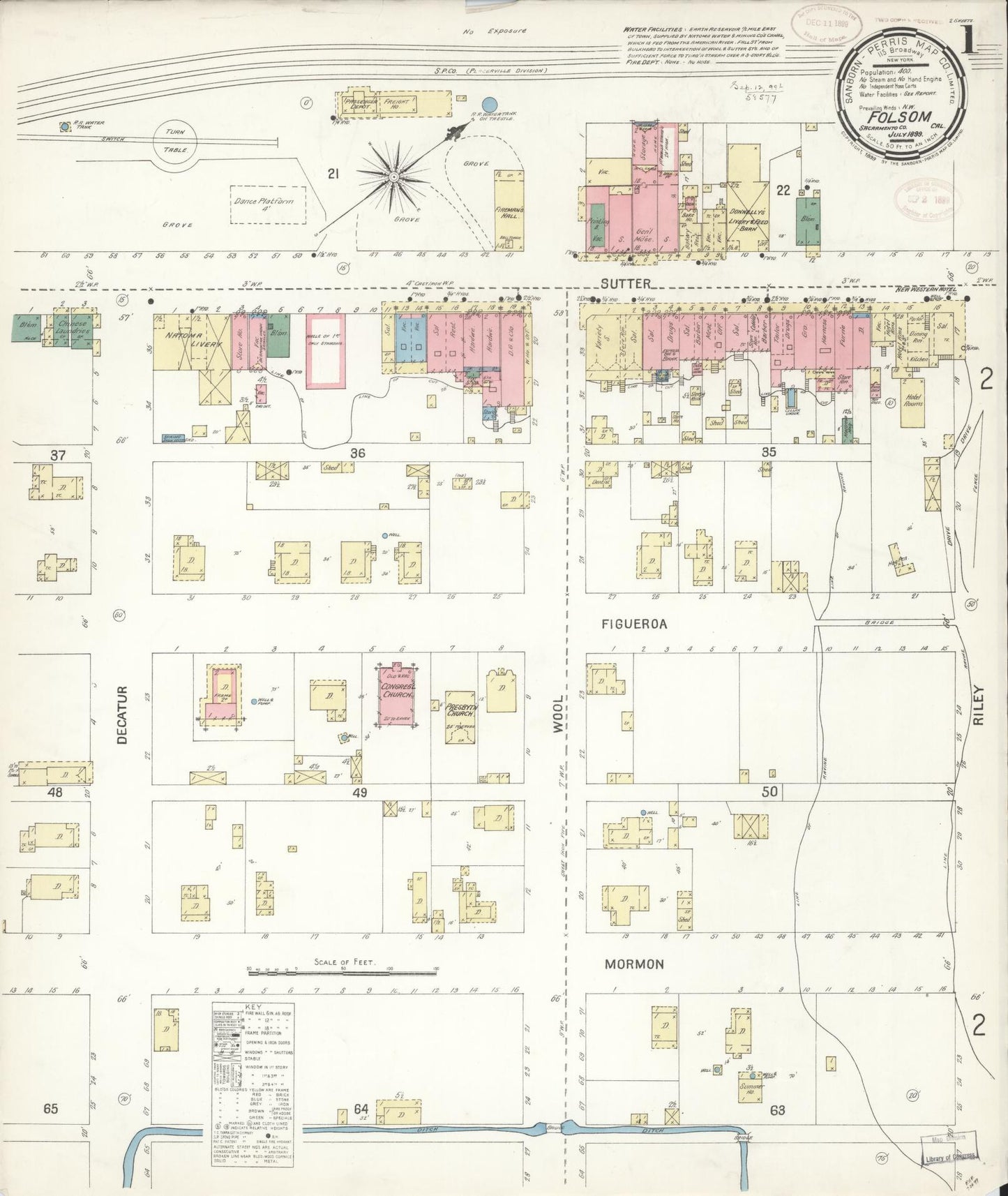 Sanborn Fire Insurance Map from Folsom, Sacramento County, California (1899), Sheet #0001 - Historic Sanborn Fire Insurance Map Print, vintage old map wall art, antique decor, genealogy gift, California California map
