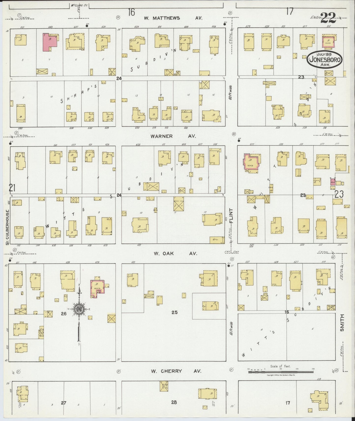 Sanborn Fire Insurance Map from Jonesboro, Craighead County, Arkansas (1919), Sheet #0022 - Historic Sanborn Fire Insurance Map Print, vintage old map wall art, antique decor, genealogy gift, Arkansas Arkansas map