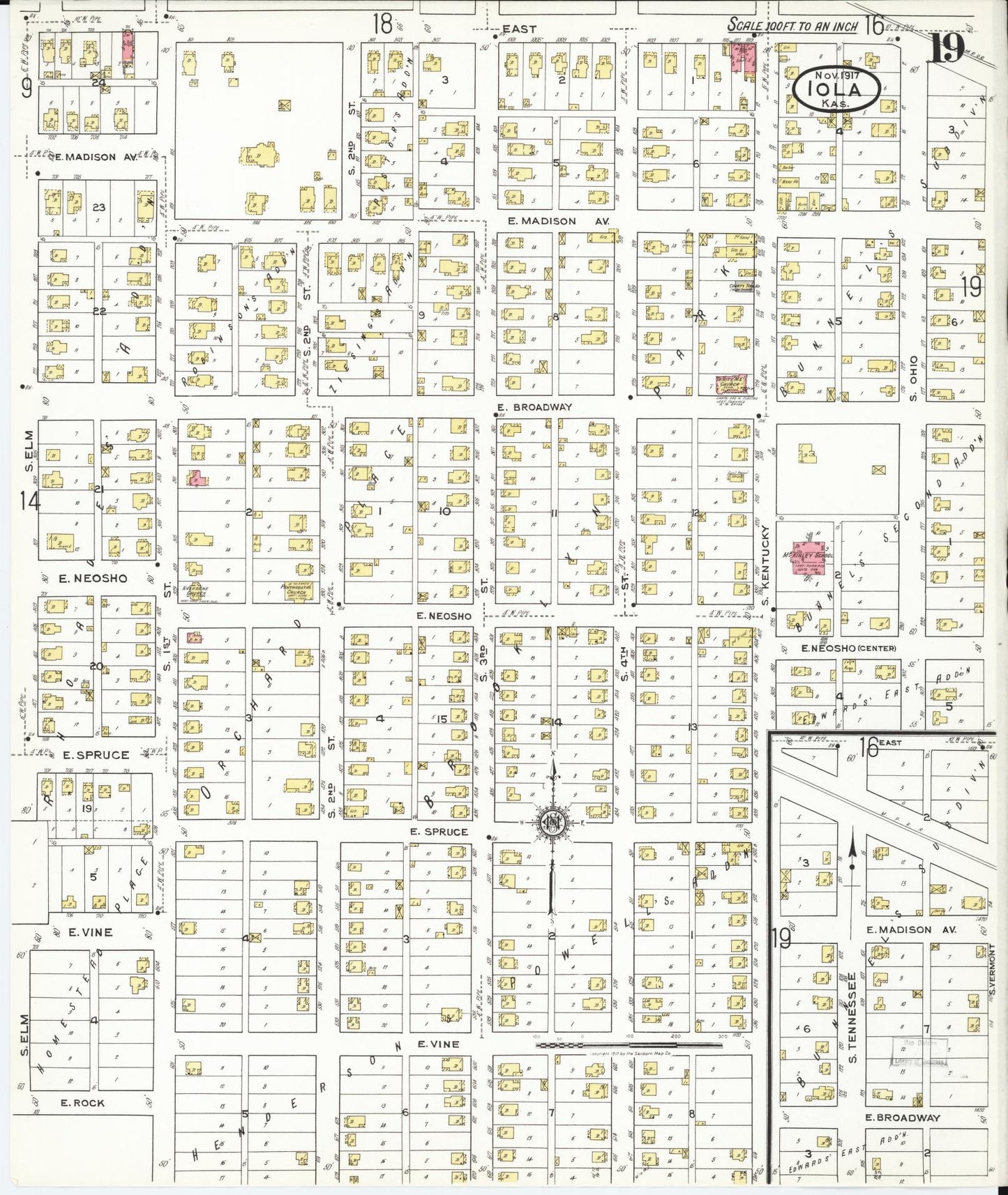 Sanborn Fire Insurance Map from Iola, Allen County, Kansas (1917), Sheet #0019 - Historic Sanborn Fire Insurance Map Print, vintage old map wall art, antique decor, genealogy gift, Kansas Kansas map
