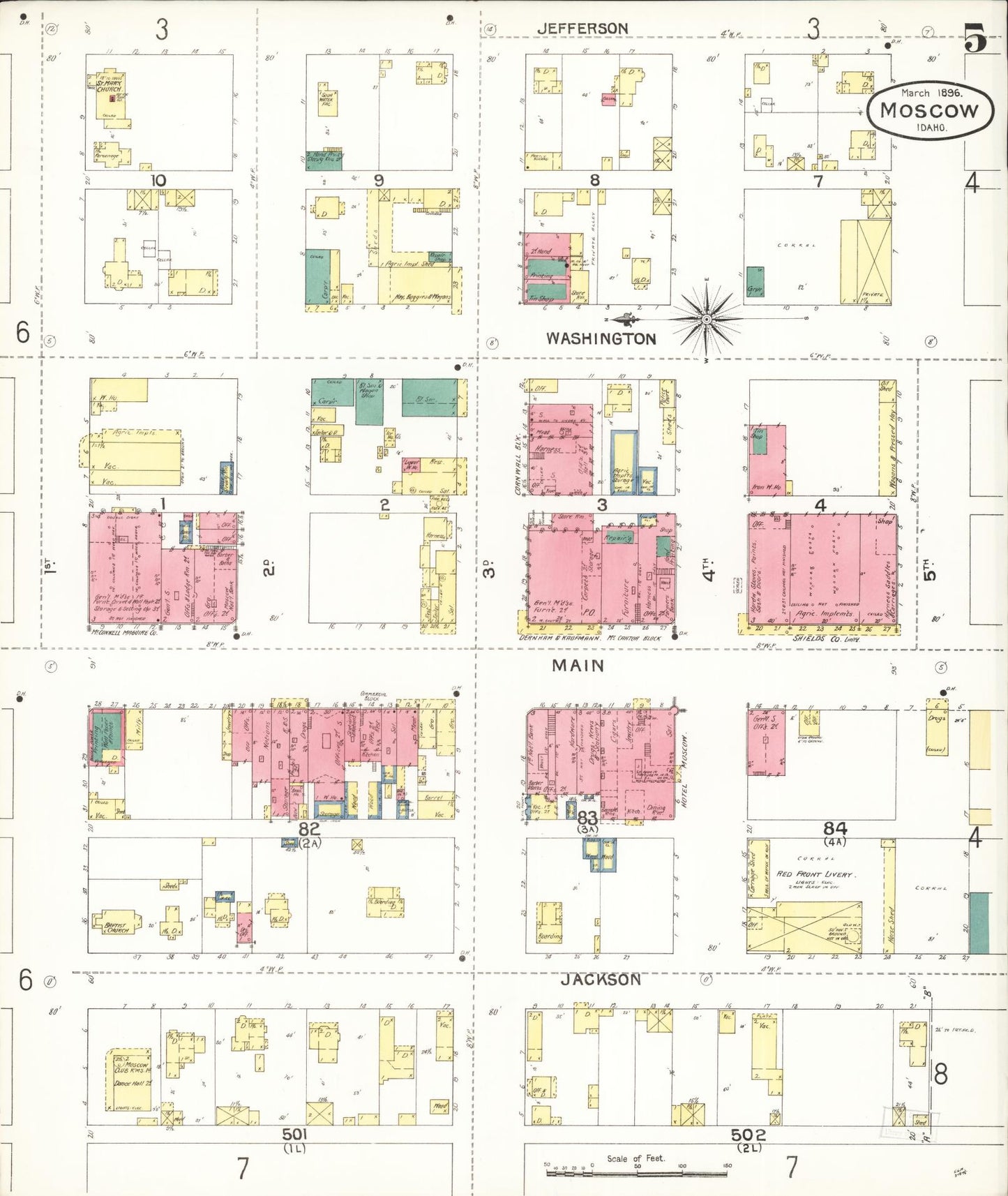 Sanborn Fire Insurance Map from Moscow, Latah County, Idaho (1896), Sheet #0005 - Historic Sanborn Fire Insurance Map Print, vintage old map wall art, antique decor, genealogy gift, Idaho Idaho map