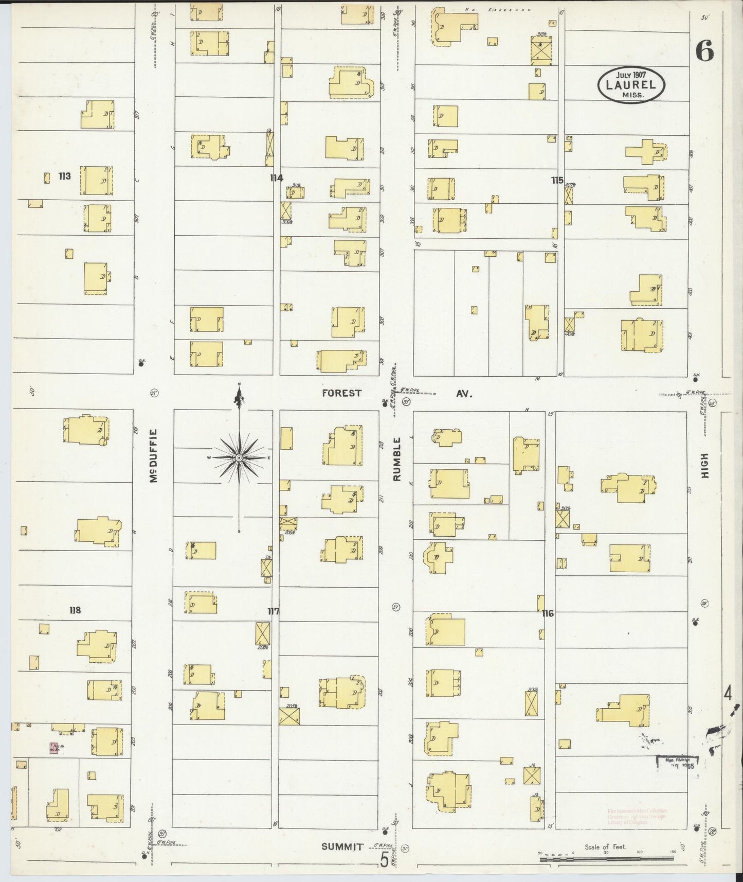 Sanborn Fire Insurance Map from Laurel, Jones County, Mississippi (1907), Sheet #0006 - Historic Sanborn Fire Insurance Map Print, vintage old map wall art, antique decor, genealogy gift, Mississippi Mississippi map