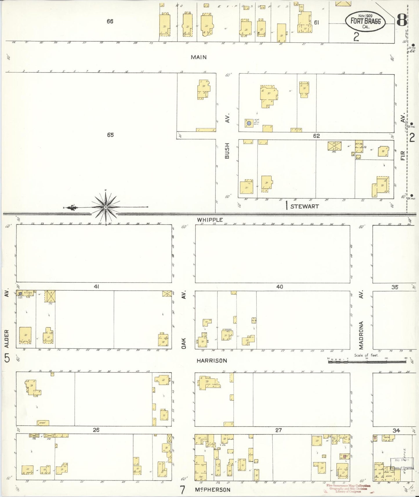 Sanborn Fire Insurance Map from Fort Bragg, Mendocino County, California (1909), Sheet #0008 - Historic Sanborn Fire Insurance Map Print, vintage old map wall art, antique decor, genealogy gift, California California map