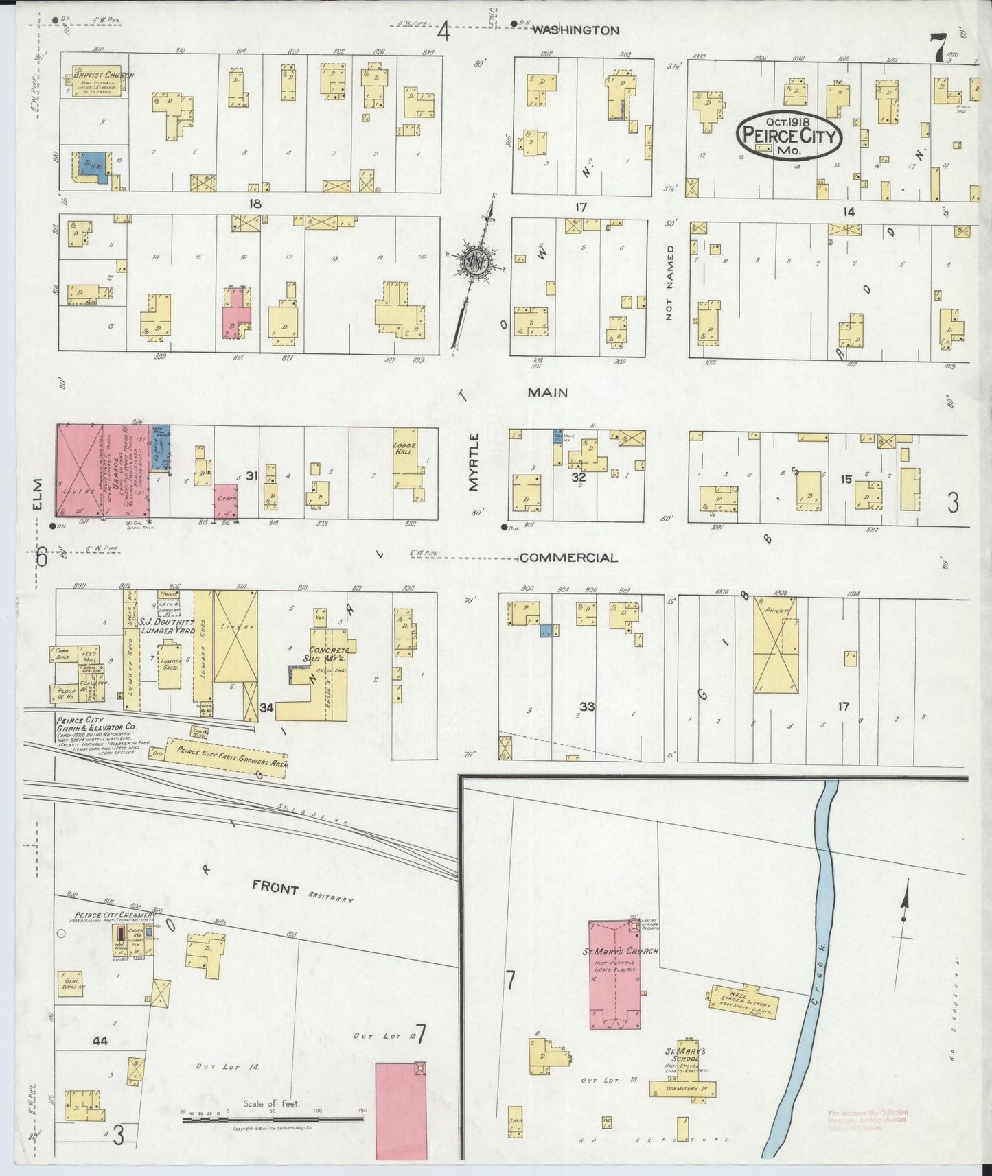 Sanborn Fire Insurance Map from Pierce City, Lawrence County, Missouri (1918), Sheet #0007 - Historic Sanborn Fire Insurance Map Print, vintage old map wall art, antique decor, genealogy gift, Missouri Missouri map