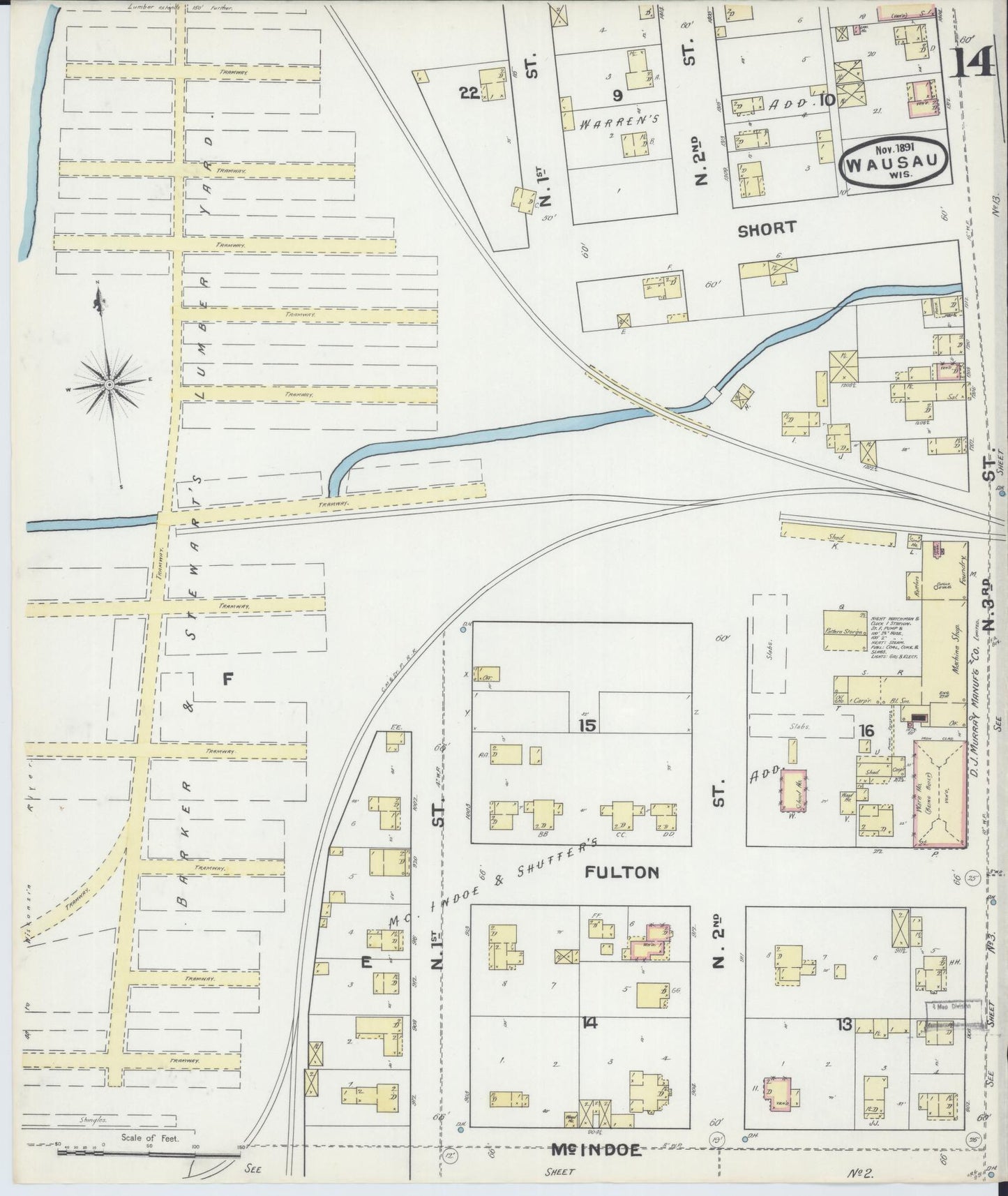 Sanborn Fire Insurance Map from Wausau, Marathon County, Wisconsin (1891), Sheet #0014 - Historic Sanborn Fire Insurance Map Print, vintage old map wall art, antique decor, genealogy gift, Wisconsin Wisconsin map